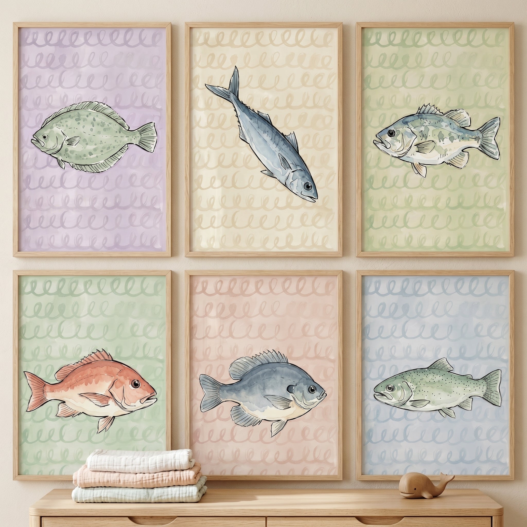 Pastel Spiral Watercolor Fish Wall Art Set of 6 - Coastal Fish Sketches