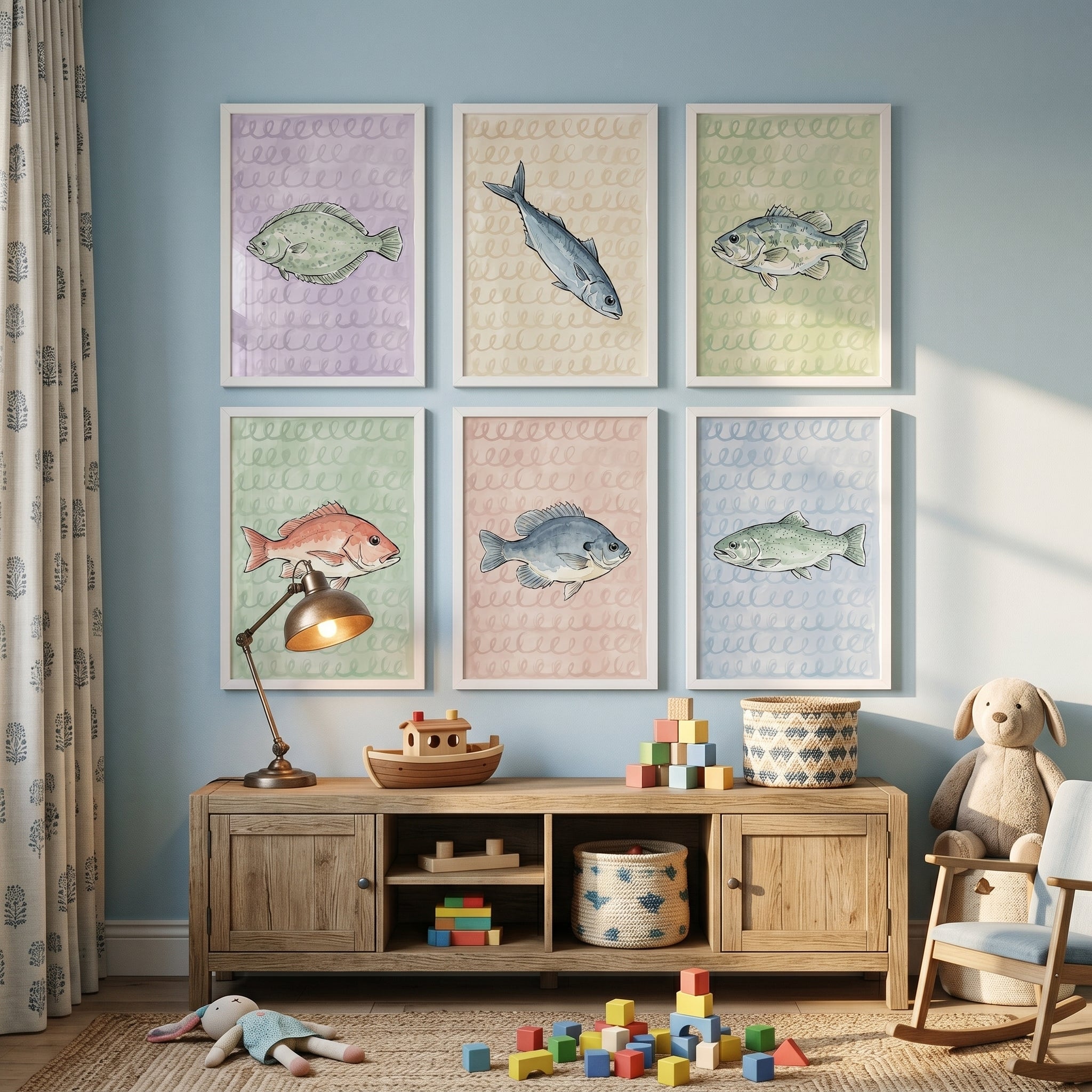 Pastel Spiral Watercolor Fish Wall Art Set of 6 - Coastal Fish Sketches