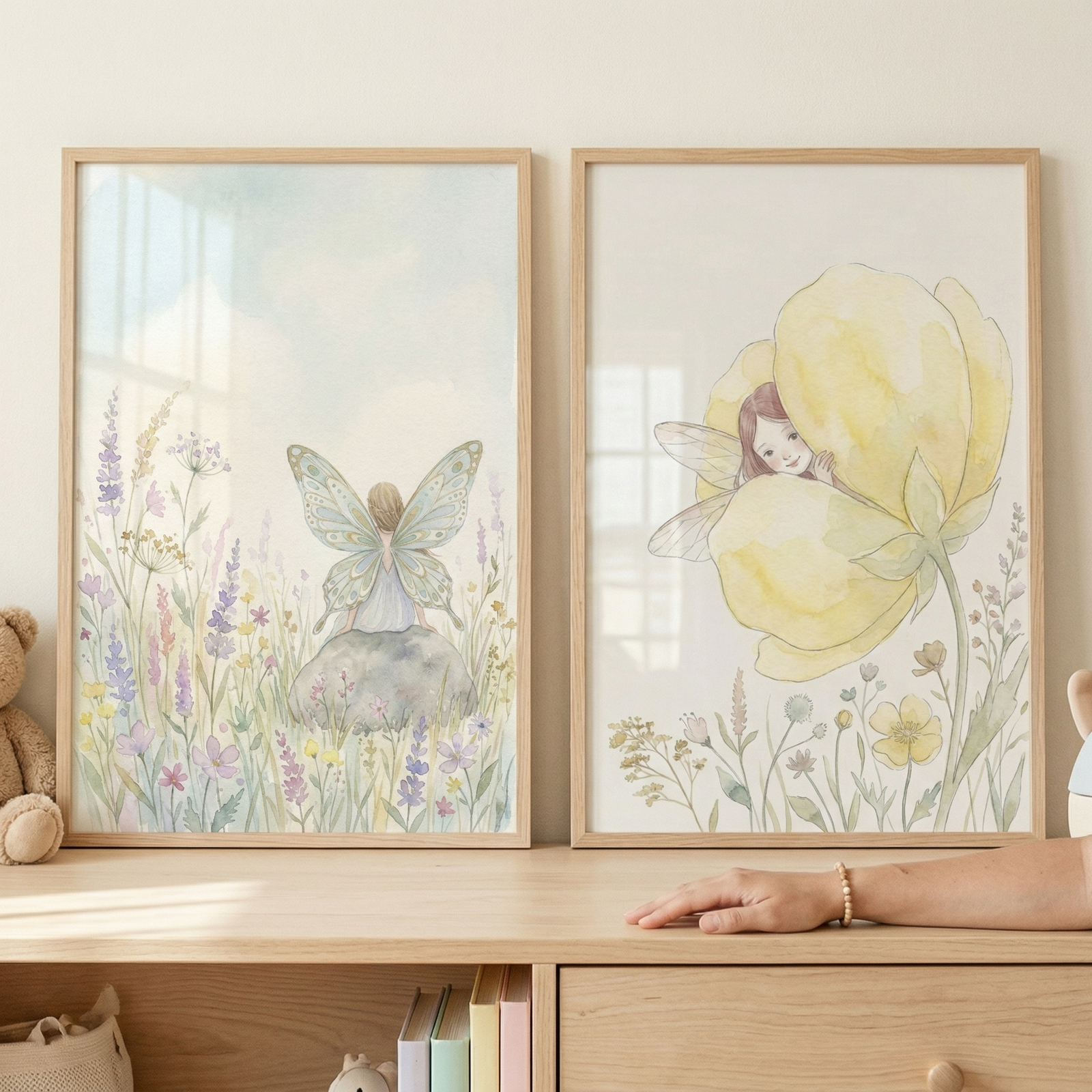 Two wooden-framed watercolor illustrations rest on a light wood shelf. The left artwork depicts a small, winged figure with butterfly wings sitting on a stone in a meadow of wildflowers. The right artwork features a similar small, brown-haired figure peeking from behind the petals of a large yellow flower. A plush toy is partially visible on the left, and a person's arm with a beaded bracelet rests on the shelf to the right.