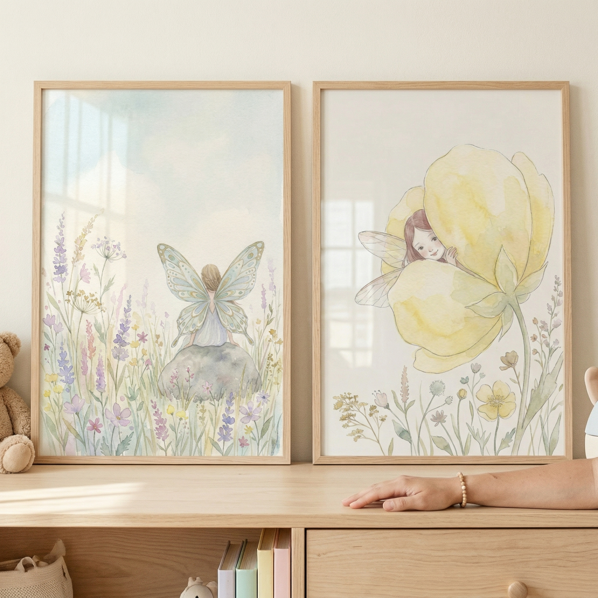 Pastel Spring Garden Fairy Wall Art Set of 2 - Whimsical Flower Sprites