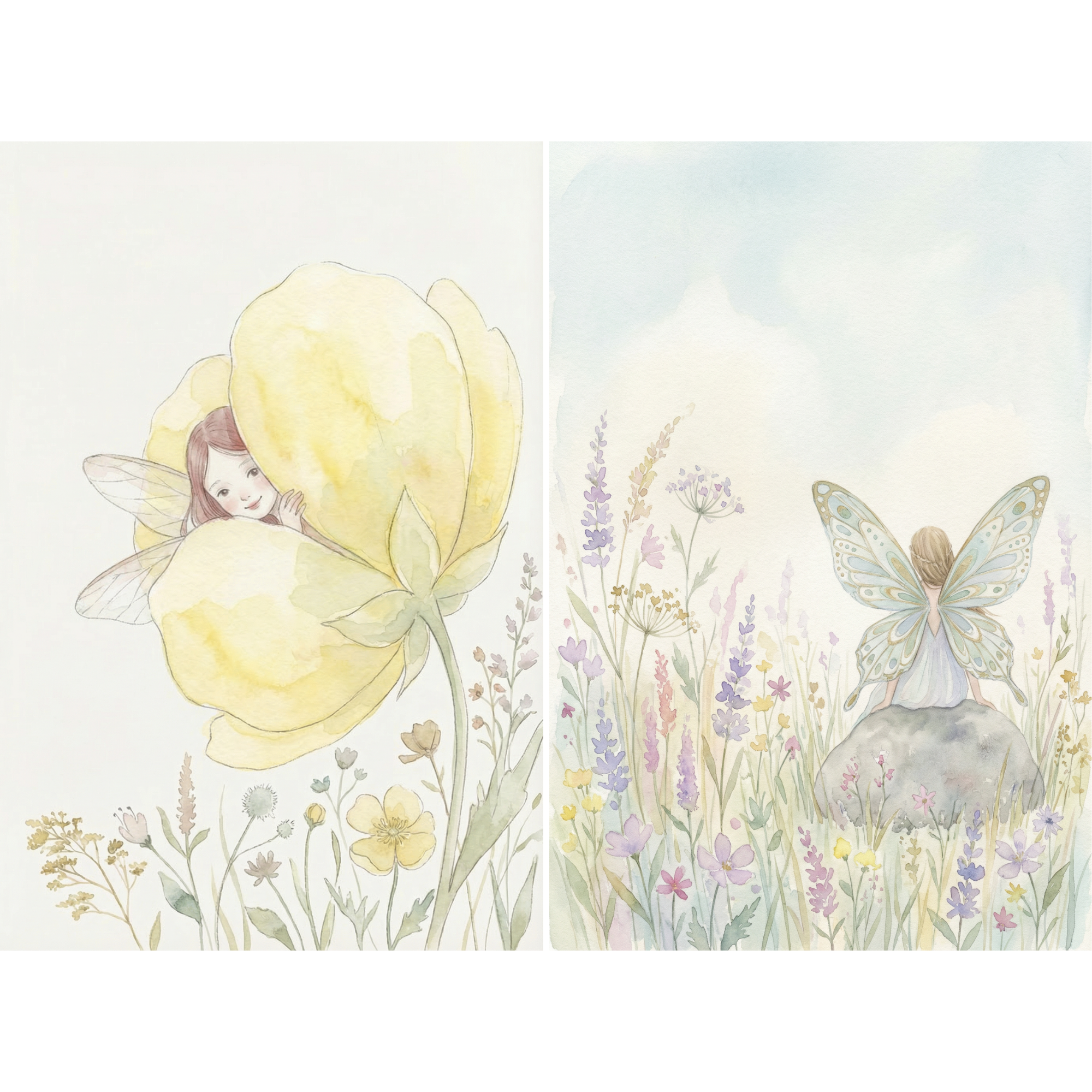 Pastel Spring Garden Fairy Wall Art Set of 2 - Whimsical Flower Sprites