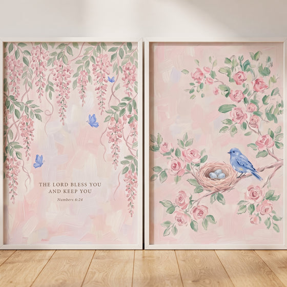 Pastel spring garden wall art set of 2 featuring pink flowers, blue butterflies, and a bird on a nest with a bible verse.
