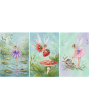 Set of three whimsical watercolor wall art prints featuring pastel fairies with translucent wings in dreamy garden scenes. One fairy dances across a lily pond with floating petals. Another hovers above a mushroom tea table in a red strawberry inspired dress while the third tends a cluster of woodland mushrooms among soft green vines.

