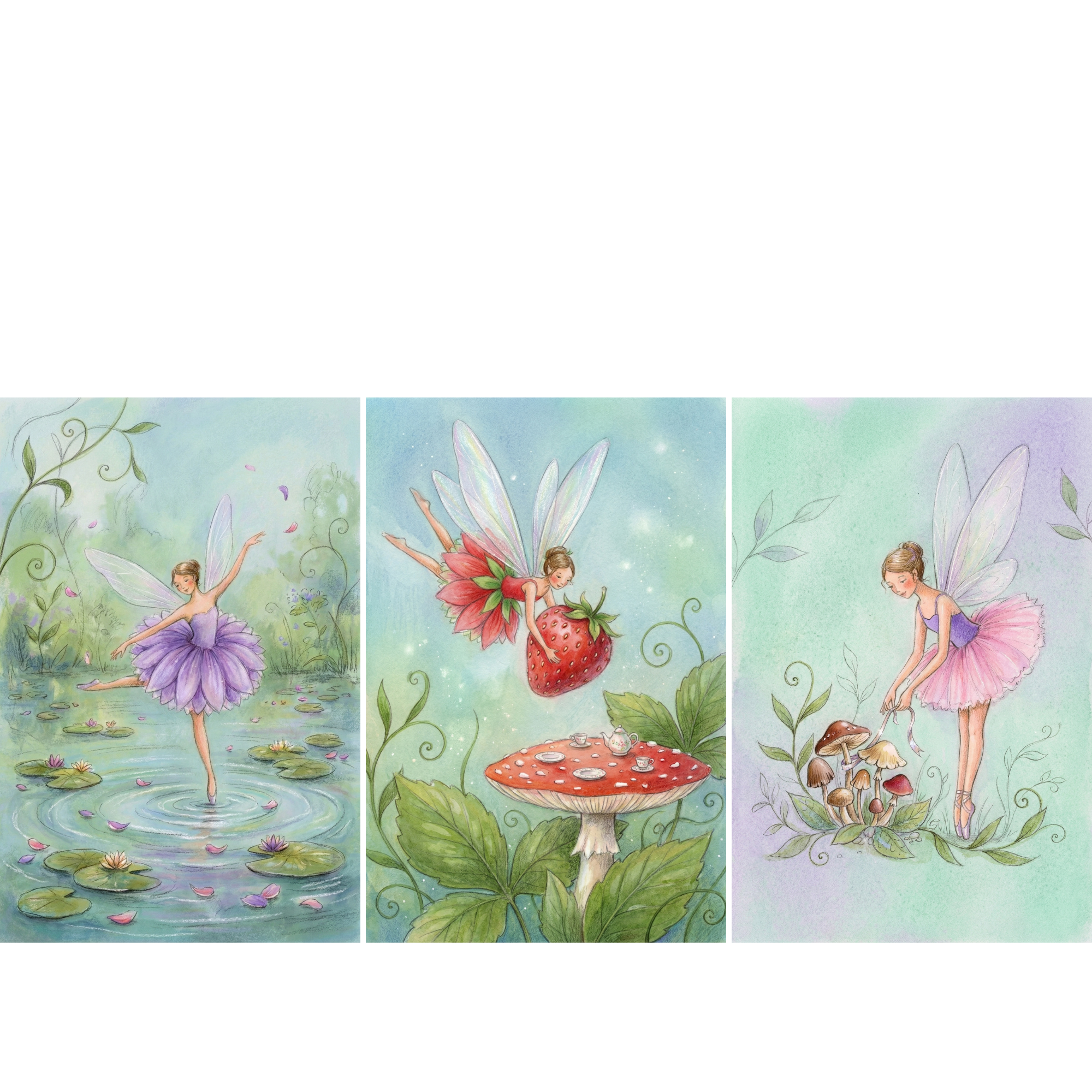 Set of three whimsical watercolor wall art prints featuring pastel fairies with translucent wings in dreamy garden scenes. One fairy dances across a lily pond with floating petals. Another hovers above a mushroom tea table in a red strawberry inspired dress while the third tends a cluster of woodland mushrooms among soft green vines.
