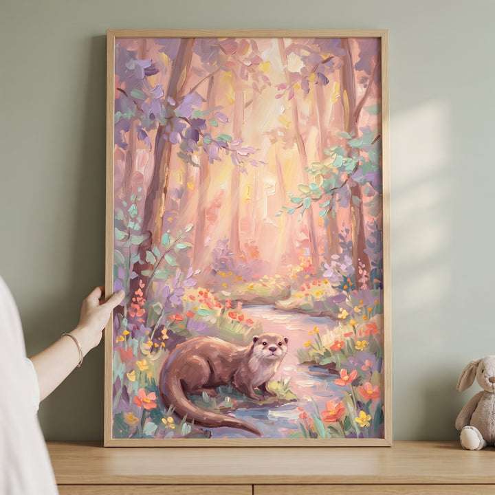 Hand holds framed pastel stream otter woodland wall art of an otter in a forest by a stream, next to a plush bunny.