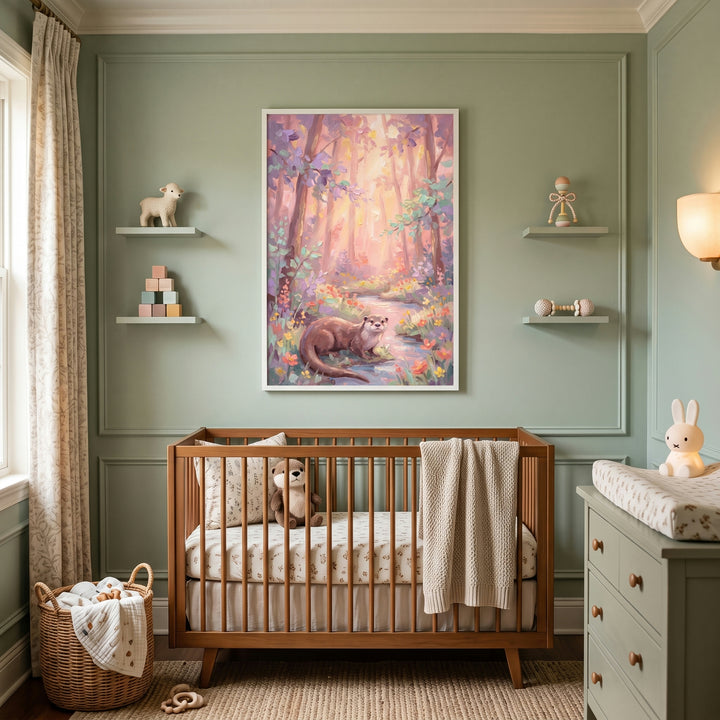 Sage green nursery featuring a wooden crib and pastel stream otter woodland wall art hanging on a paneled wall.