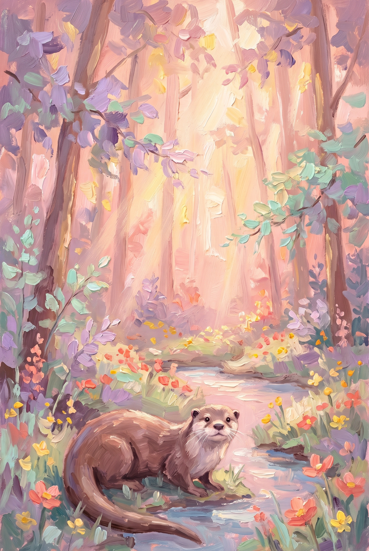 An otter rests by a creek in a soft pink and purple forest, pastel stream otter woodland wall art.