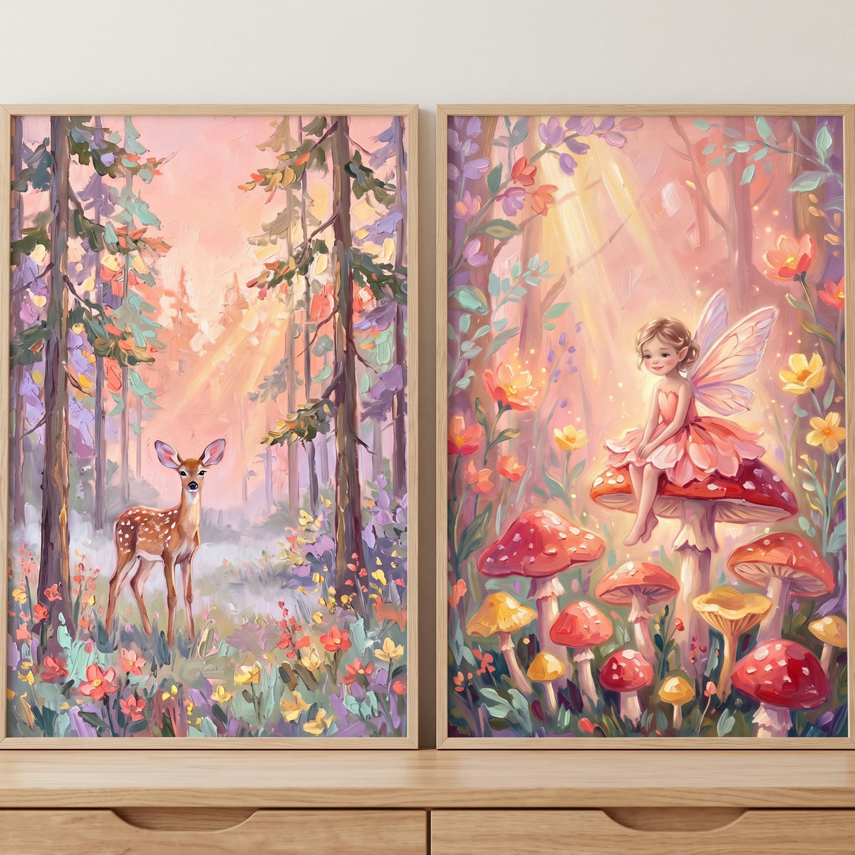 Pastel Sunbeam Enchanted Woodland Wall Art Set of 2 - Magical Forest Wonders