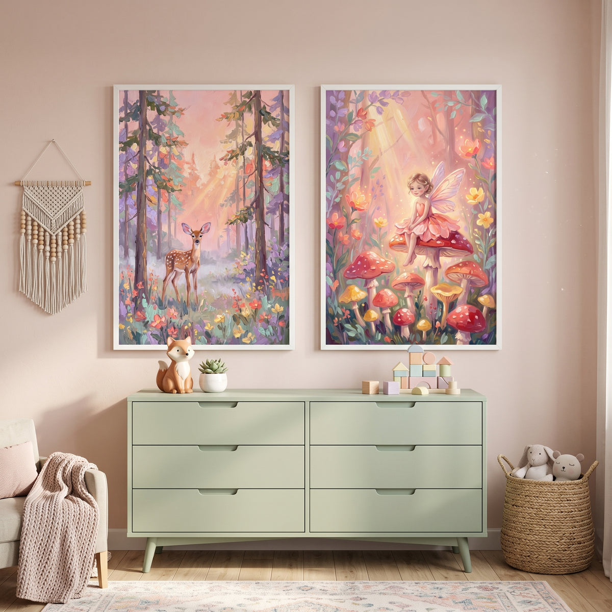 Pastel Sunbeam Enchanted Woodland Wall Art Set of 2 - Magical Forest Wonders