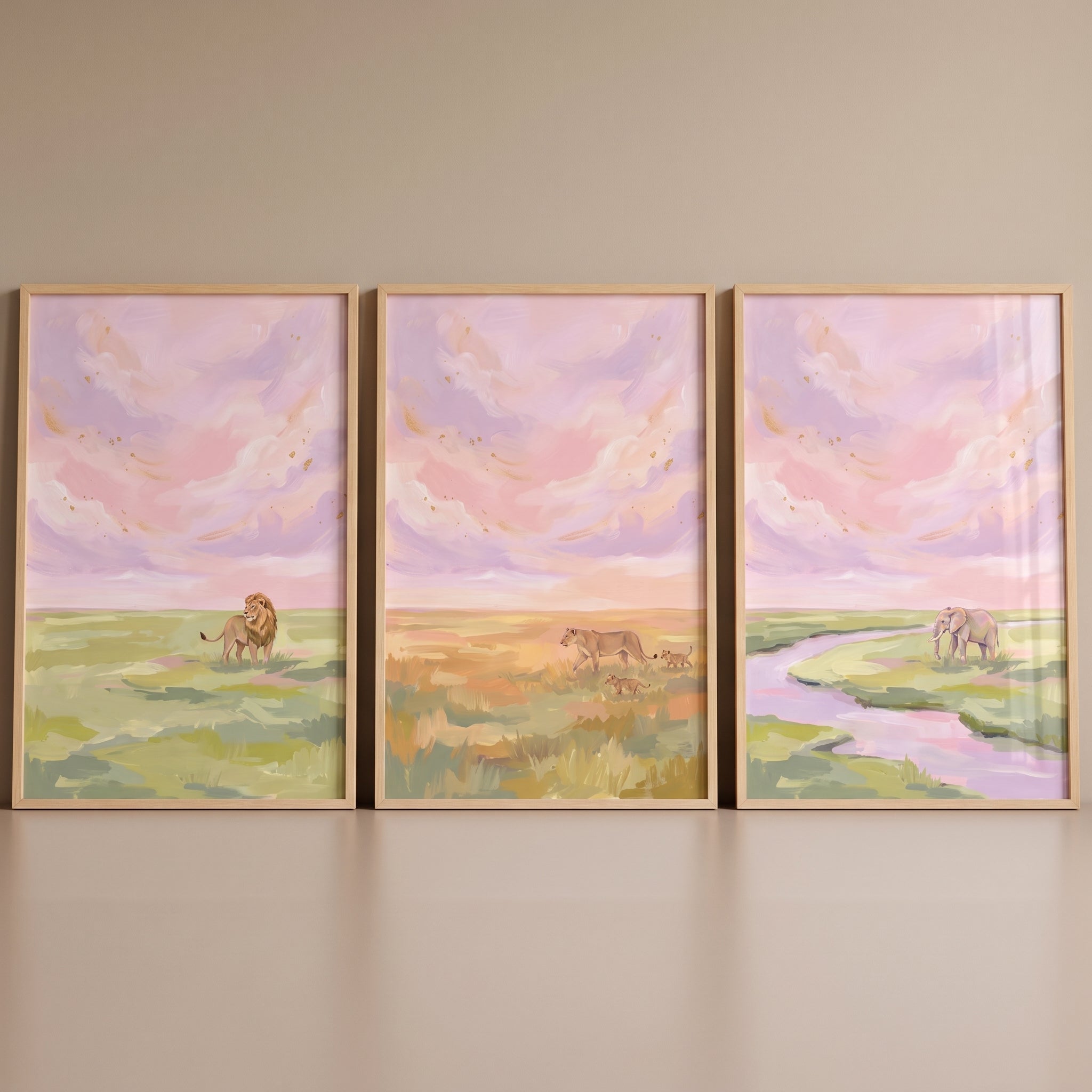 Pastel Sunset Safari Animals Wall Art Set of 3 - Pastel Safari Horizon