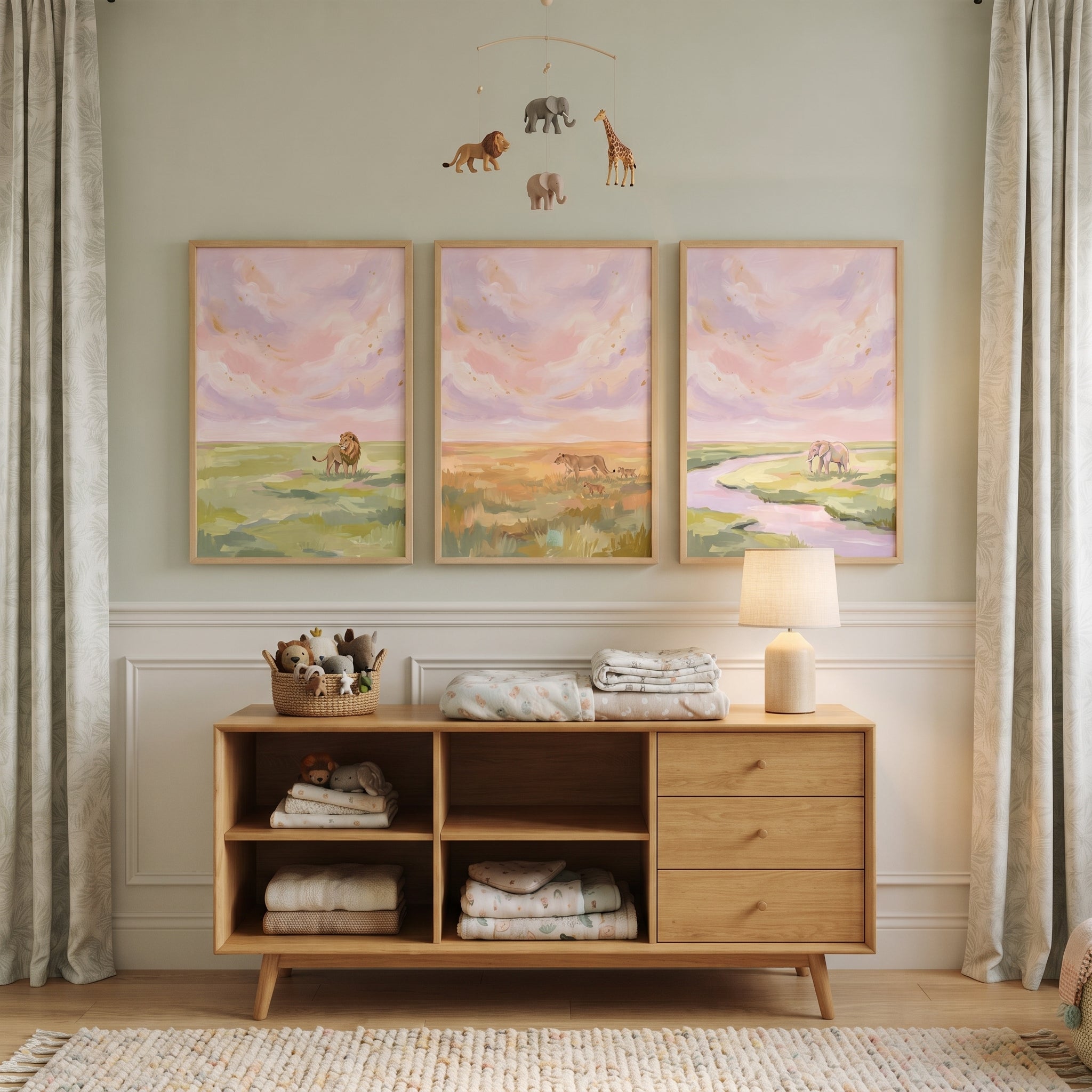 Pastel Sunset Safari Animals Wall Art Set of 3 - Pastel Safari Horizon