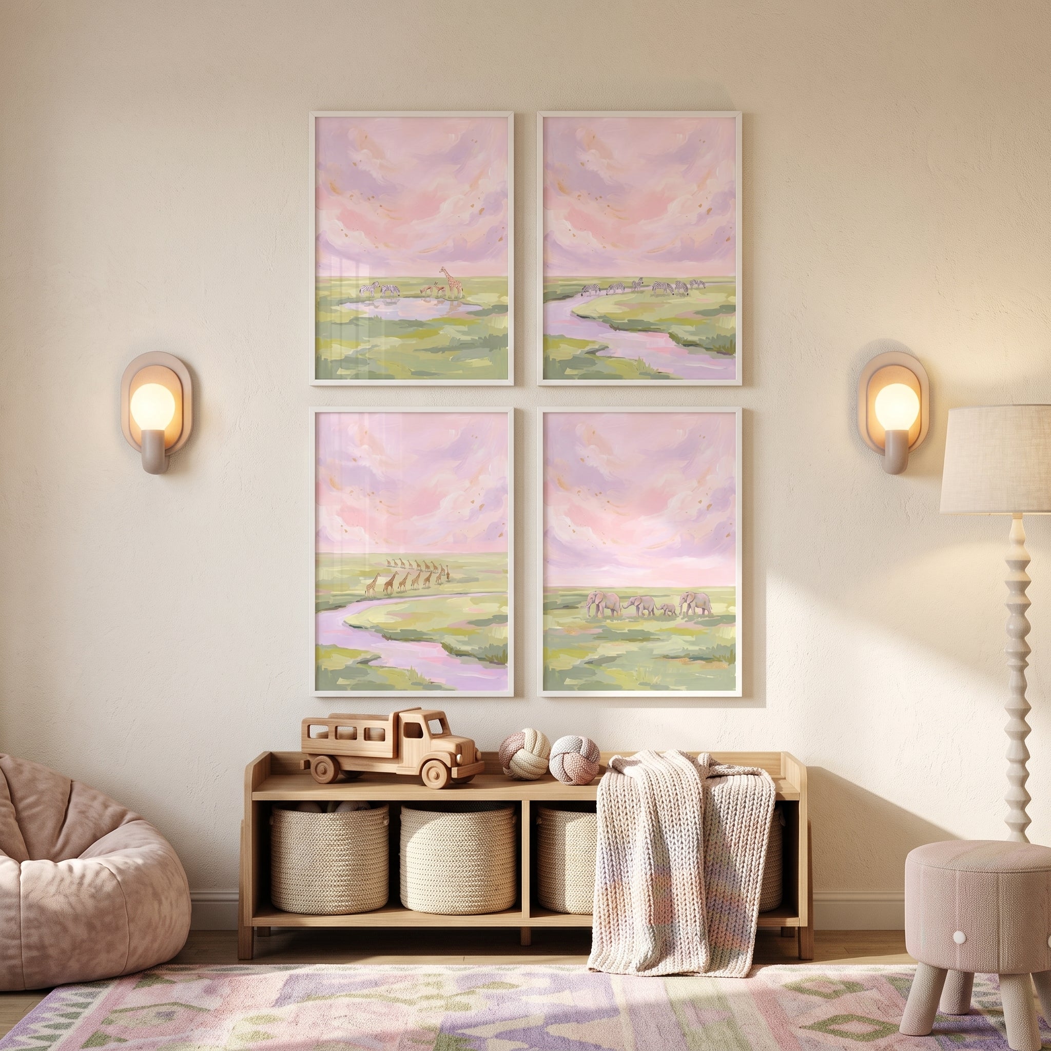 Pastel Sunset Savanna Animals Artwork Set of 4 - Soft Horizon Wildlife