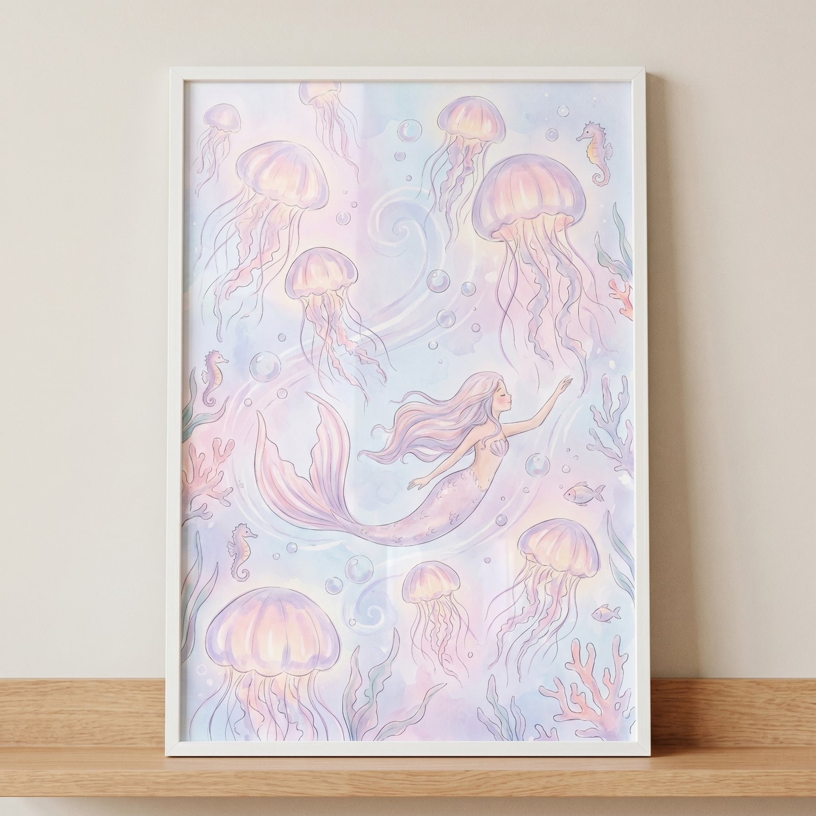 Pastel swimming mermaid wall art shows a mermaid swimming among soft pink jellyfish, seahorses, and coral.