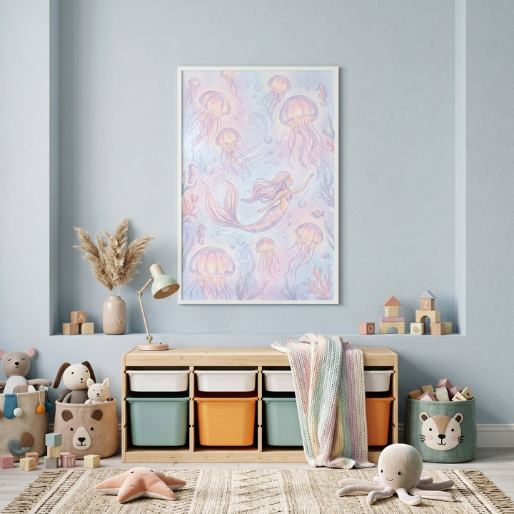 Pastel swimming mermaid wall art hangs above a toy storage unit and stuffed animals in a light blue nursery.