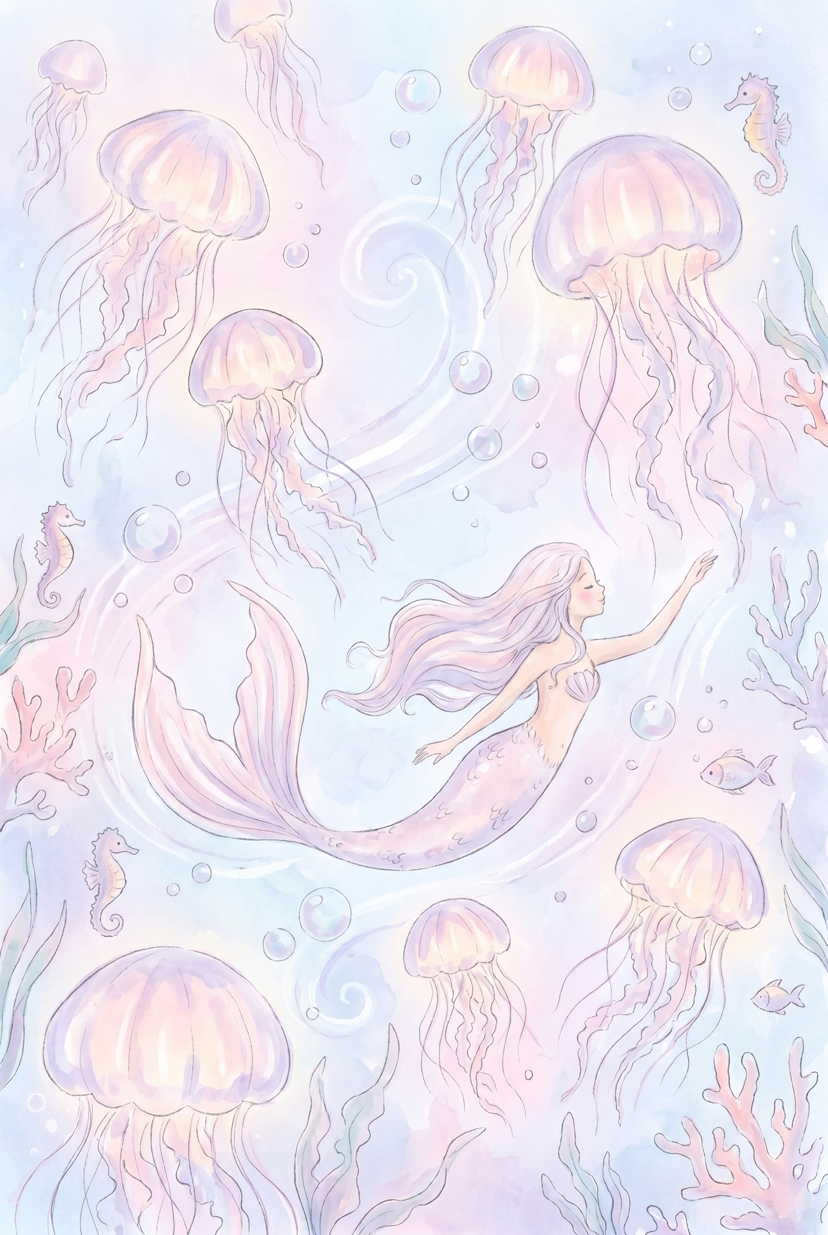 Pastel Swimming Mermaid Wall Art - Whimsical Sea Dream