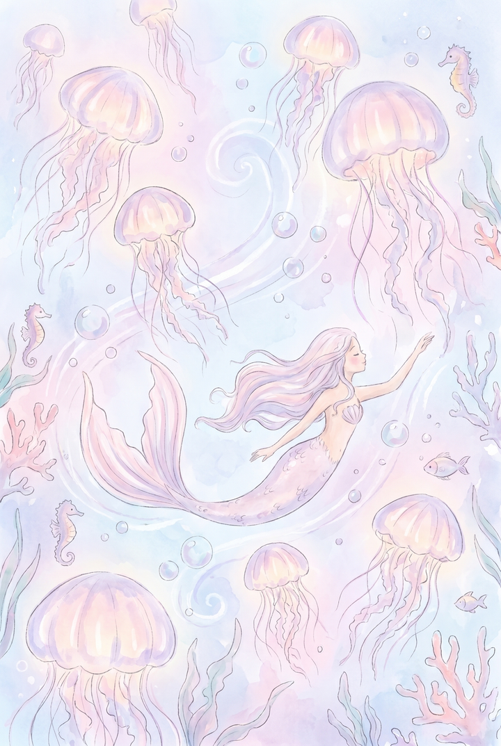 Pastel swimming mermaid wall art with watercolor jellyfish, seahorses, and coral in soft pink and blue tones.