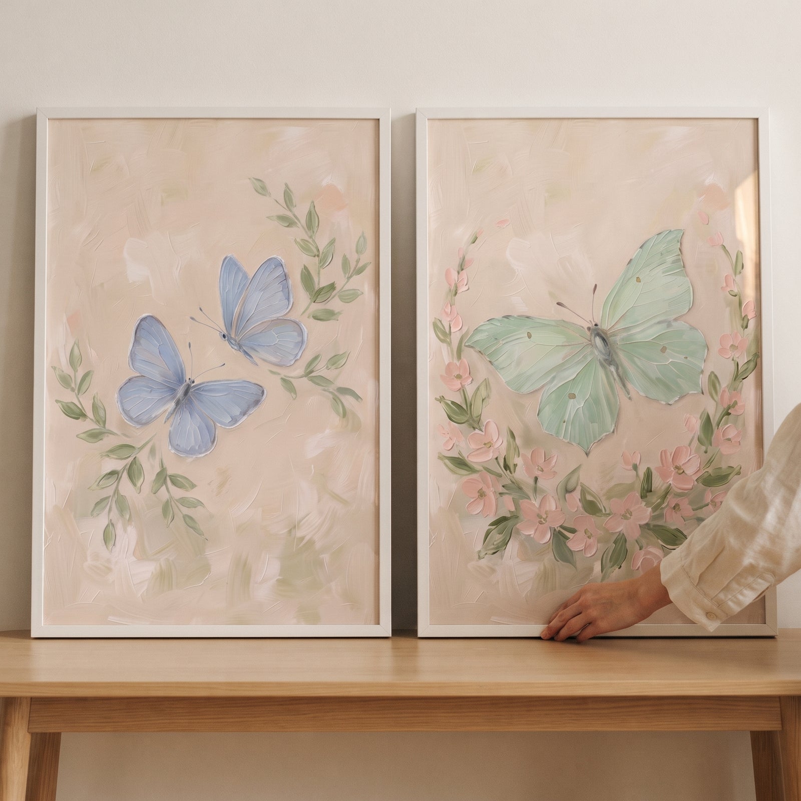 Pastel textured impasto butterfly wall art set of 2 featuring blue and green butterflies with soft floral accents.