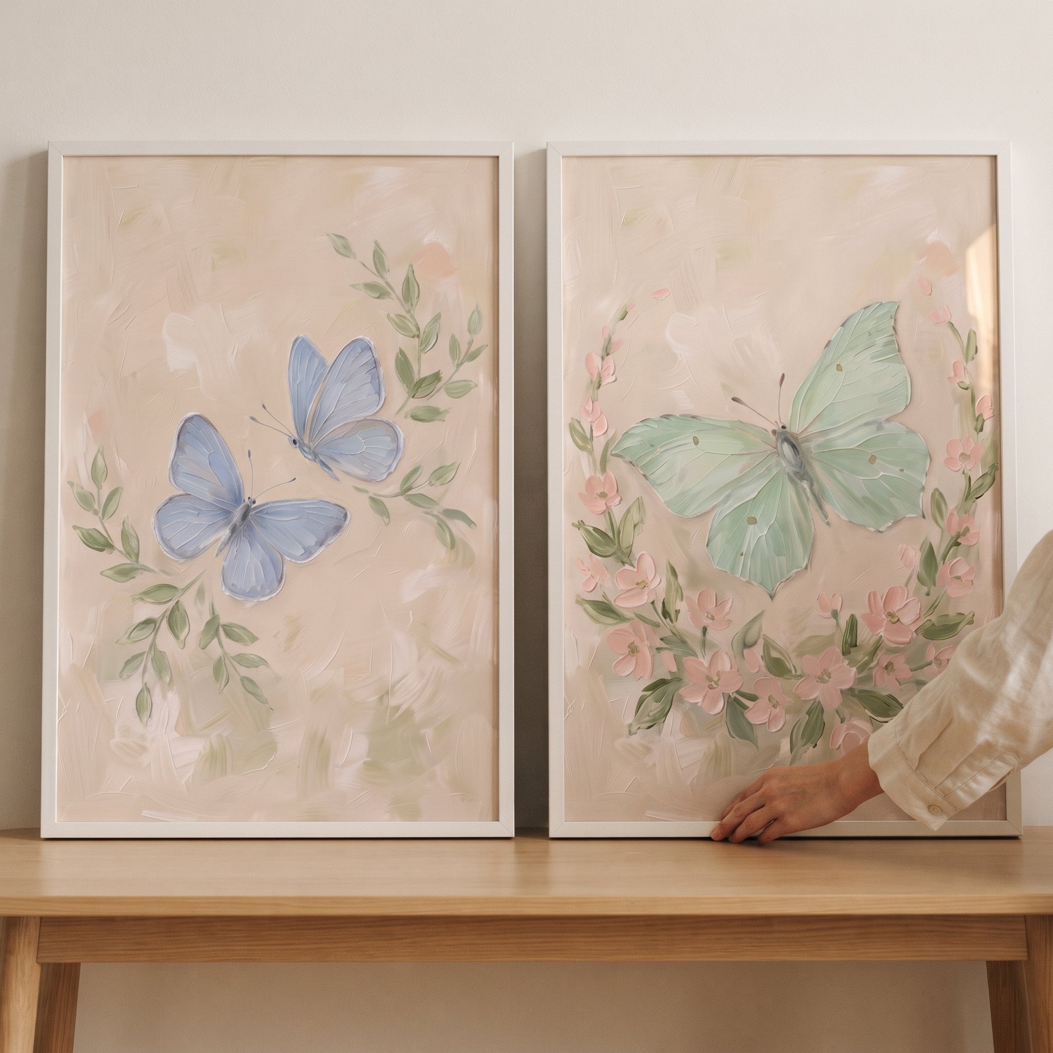 Pastel Textured Impasto Butterfly Wall Art Set of 2 - Soft Garden Flutter