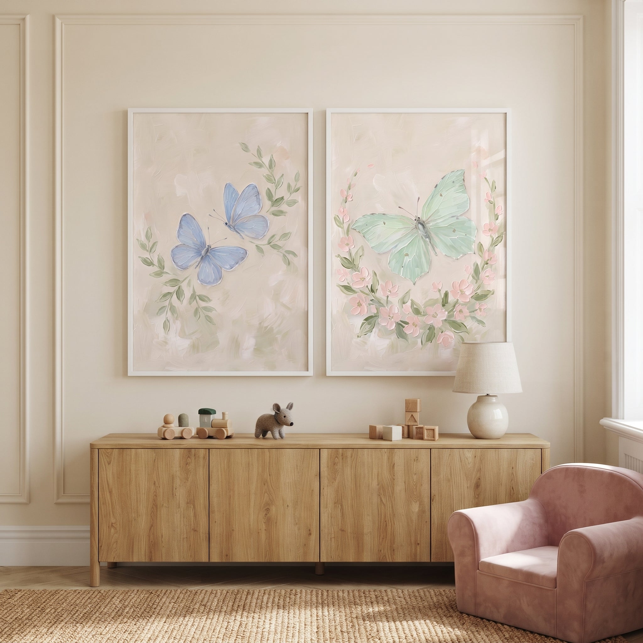 Pastel Textured Impasto Butterfly Wall Art Set of 2 - Soft Garden Flutter