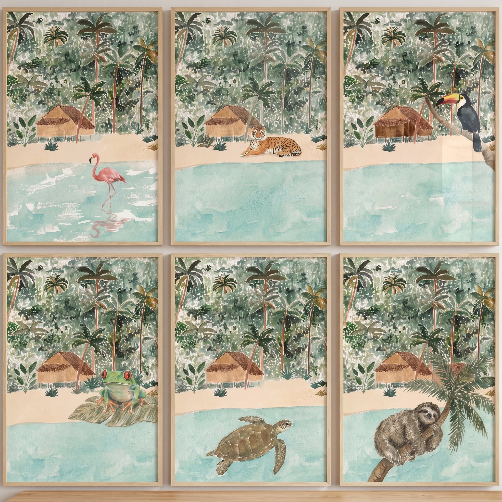 Pastel Tones Jungle Animals Wall Art Set of 6 - Jungle Beach Paradise
