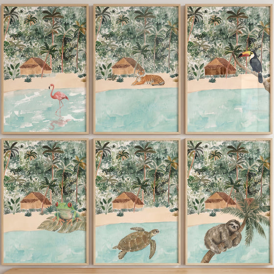 Pastel tones jungle animals wall art set of 6 featuring a flamingo, tiger, toucan, frog, sea turtle, and sloth.