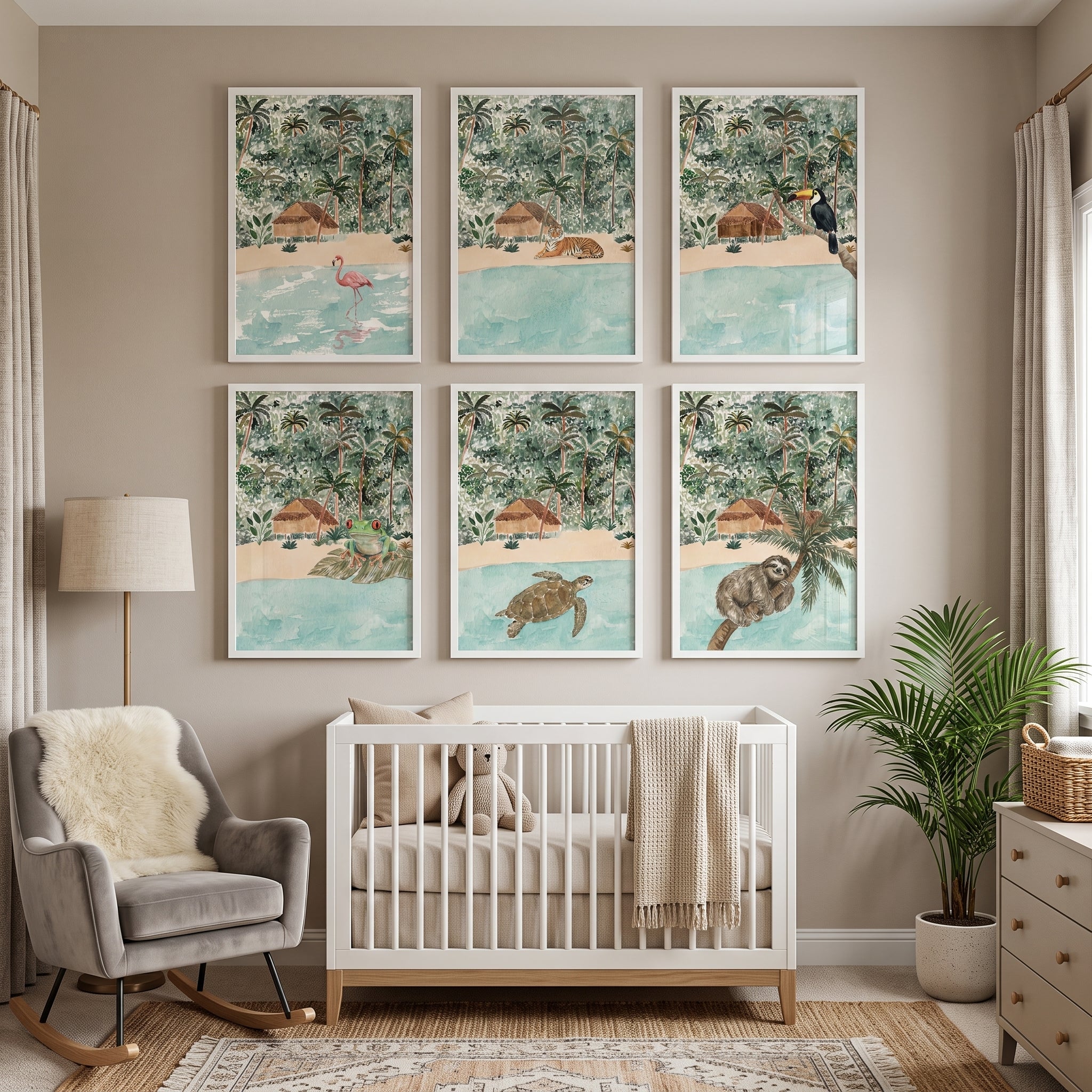 Pastel Tones Jungle Animals Wall Art Set of 6 - Jungle Beach Paradise