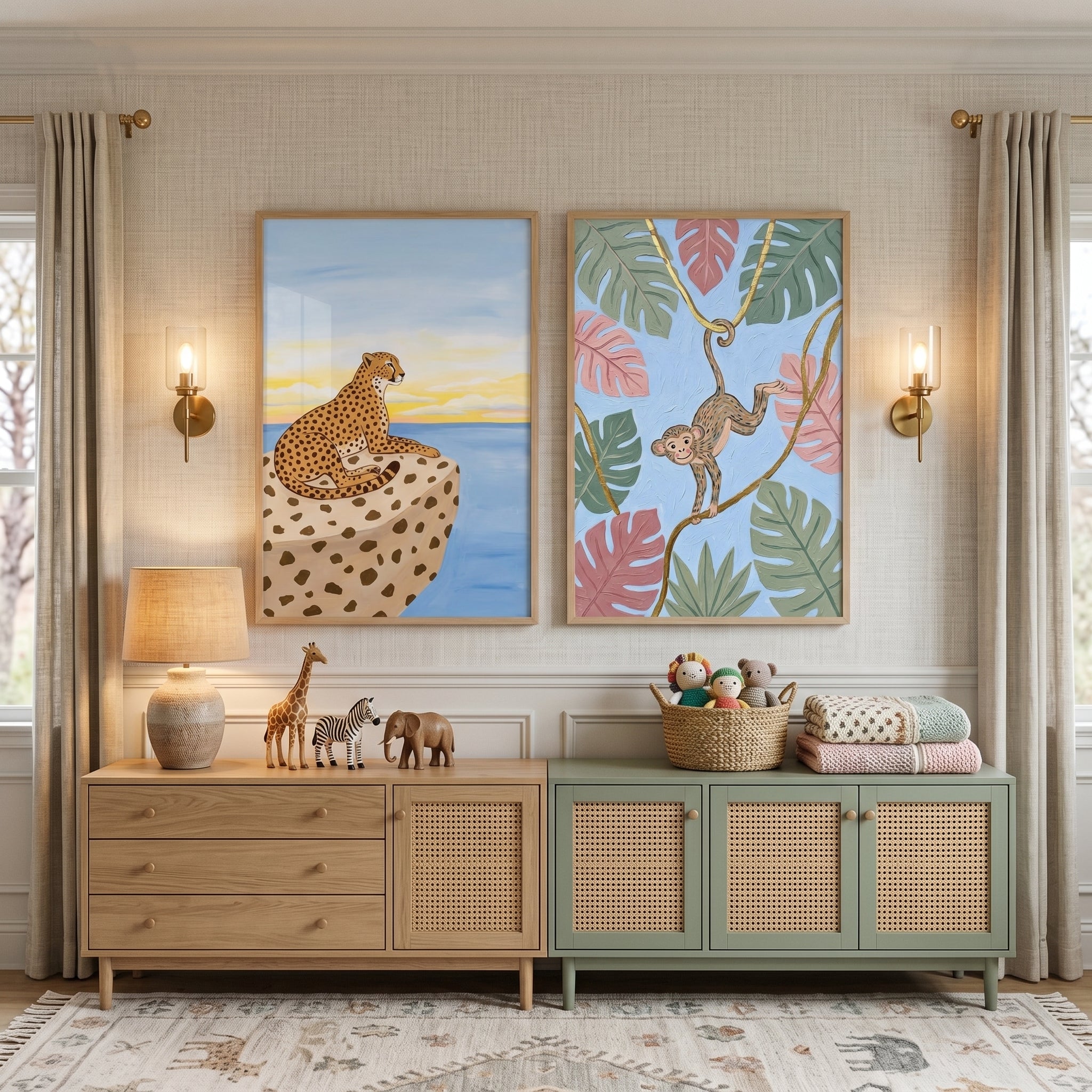 Pastel Tropical Safari Animal Wall Art Set Of 2 - Tropical Safari Duo