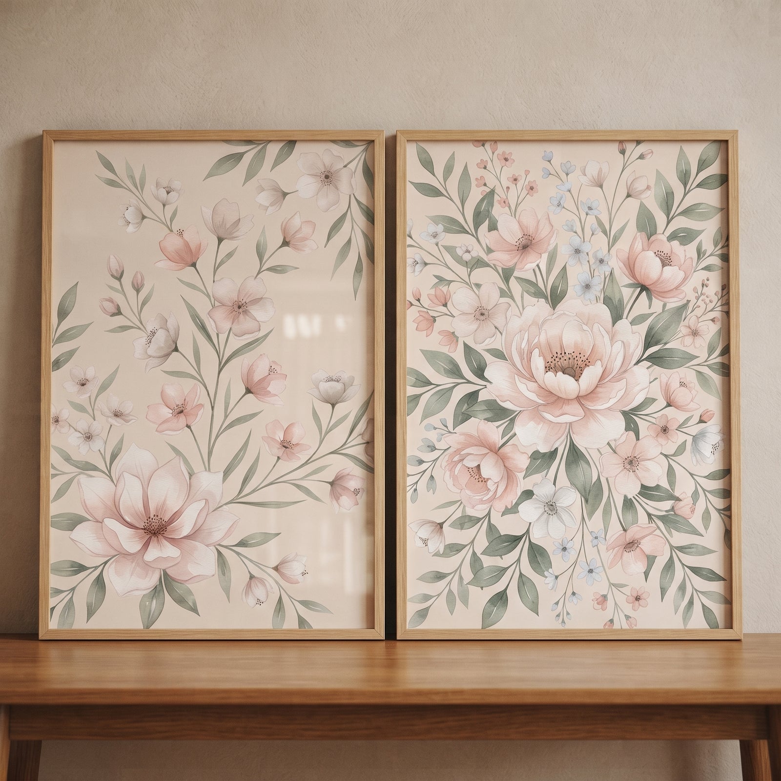 Pastel watercolor botanical floral wall art set of 2 with pink and white flowers and green leaves in light wood frames.