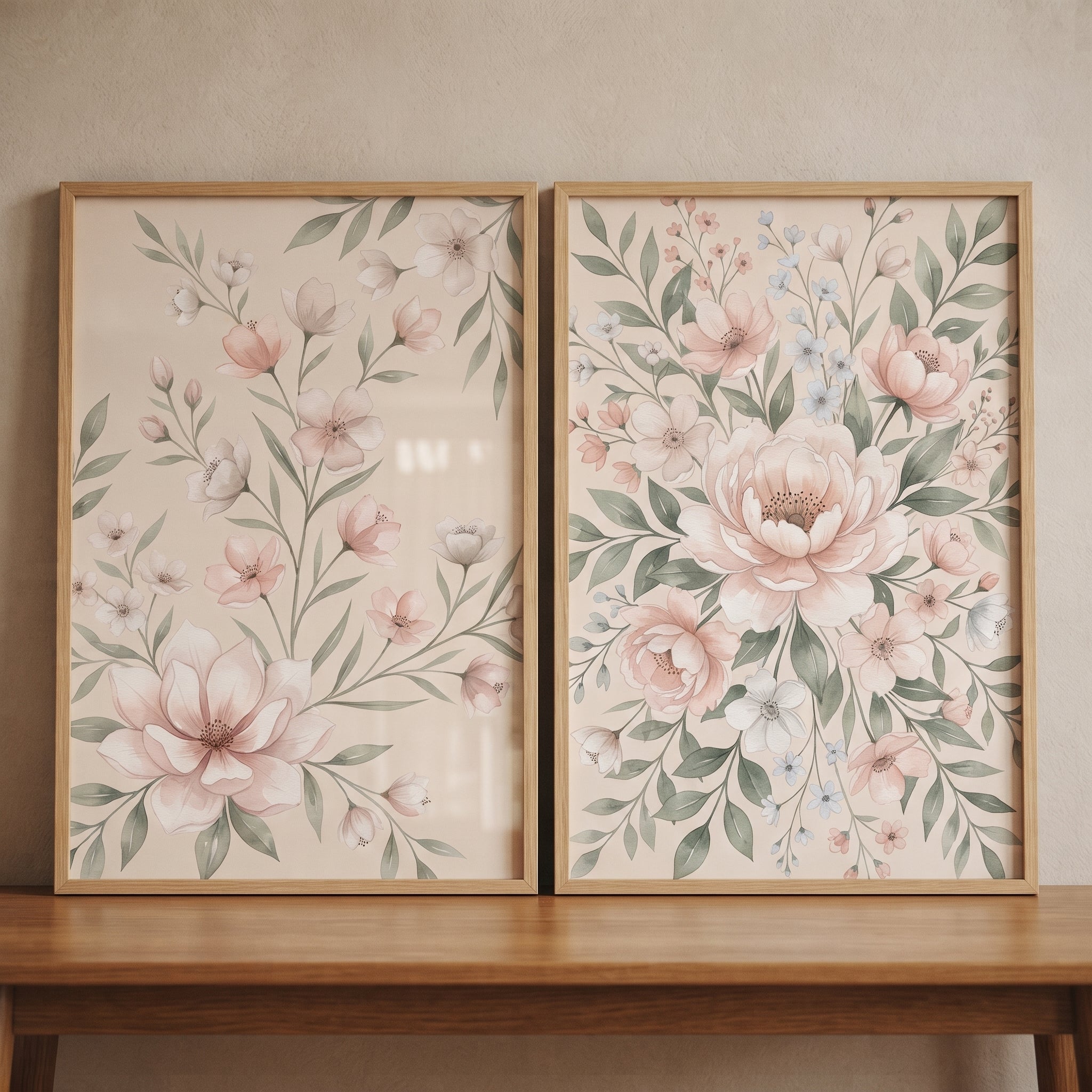 Pastel Watercolor Botanical Floral Wall Art Set Of 2 - Soft Blush Blooms