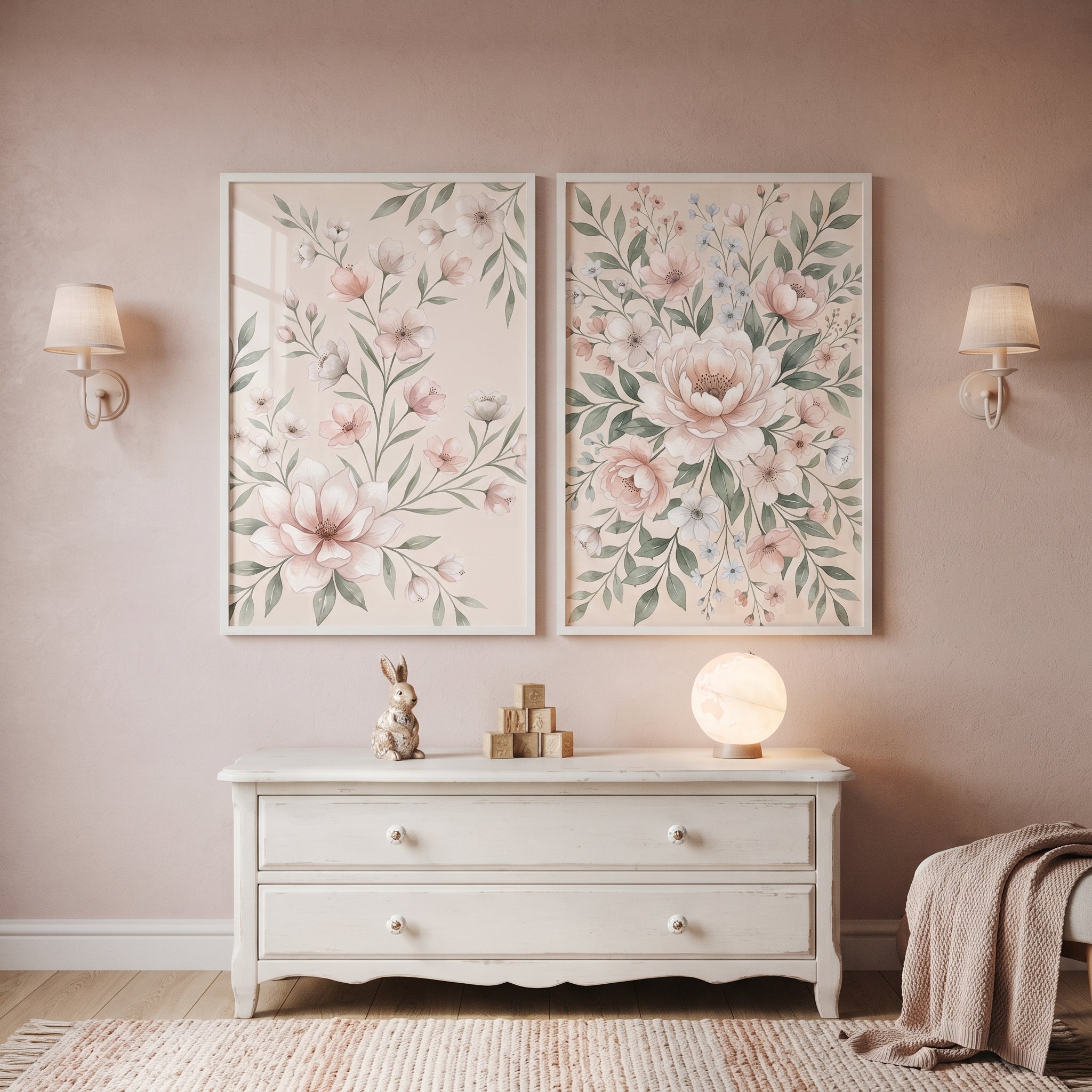 Pastel Watercolor Botanical Floral Wall Art Set Of 2 - Soft Blush Blooms