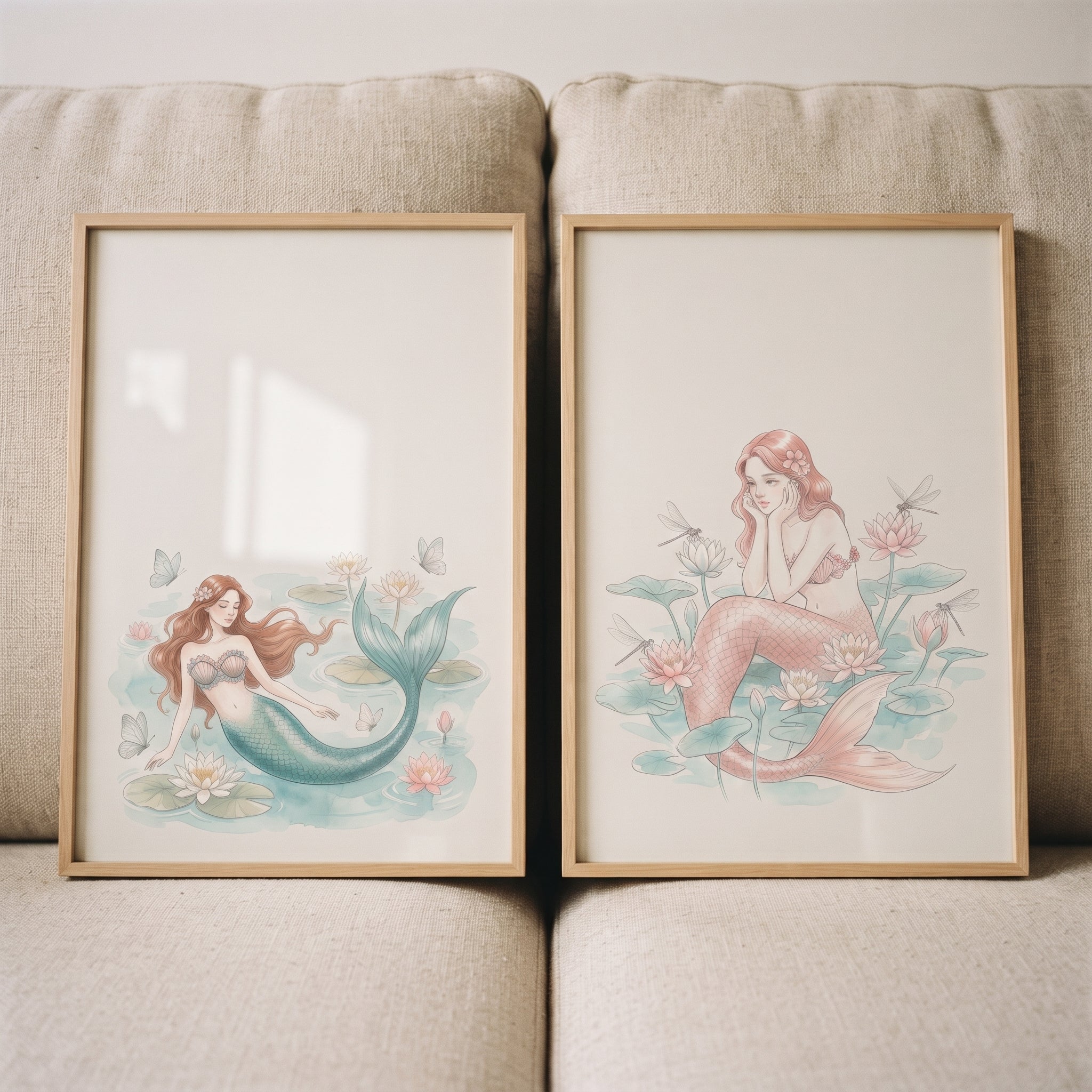 Pastel Watercolor Fairytale Mermaid Wall Art Set of 2 - Ethereal Pond Mermaids