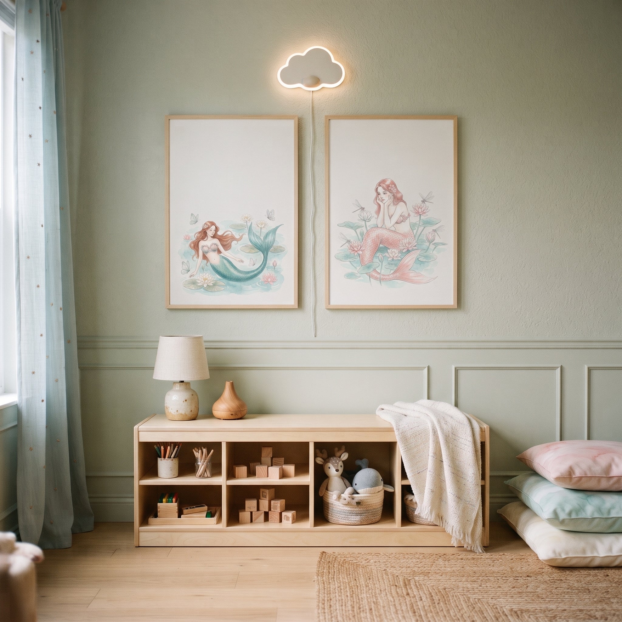 Pastel Watercolor Fairytale Mermaid Wall Art Set of 2 - Ethereal Pond Mermaids