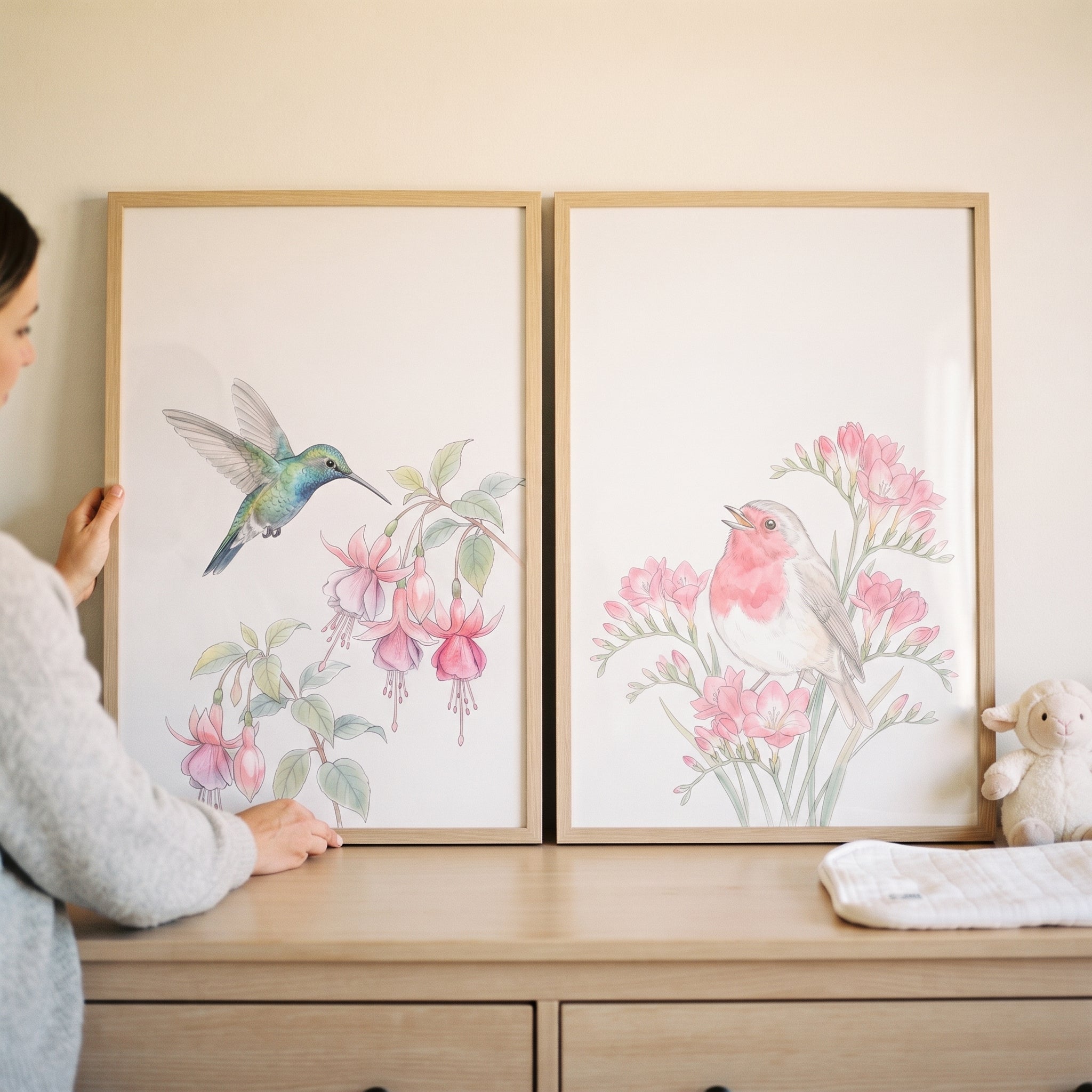Pastel Watercolor Floral Bird Wall Art Set of 2 - Soft Garden Song