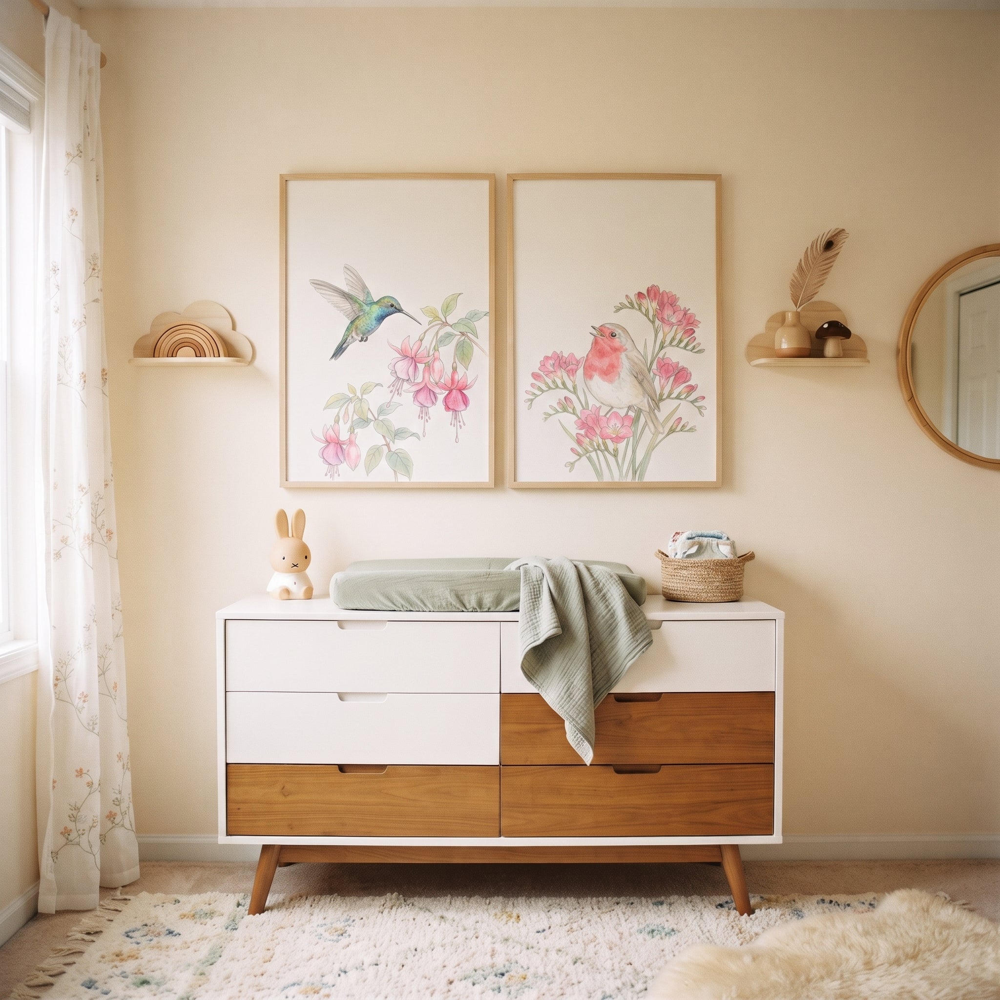 Pastel Watercolor Floral Bird Wall Art Set of 2 - Soft Garden Song