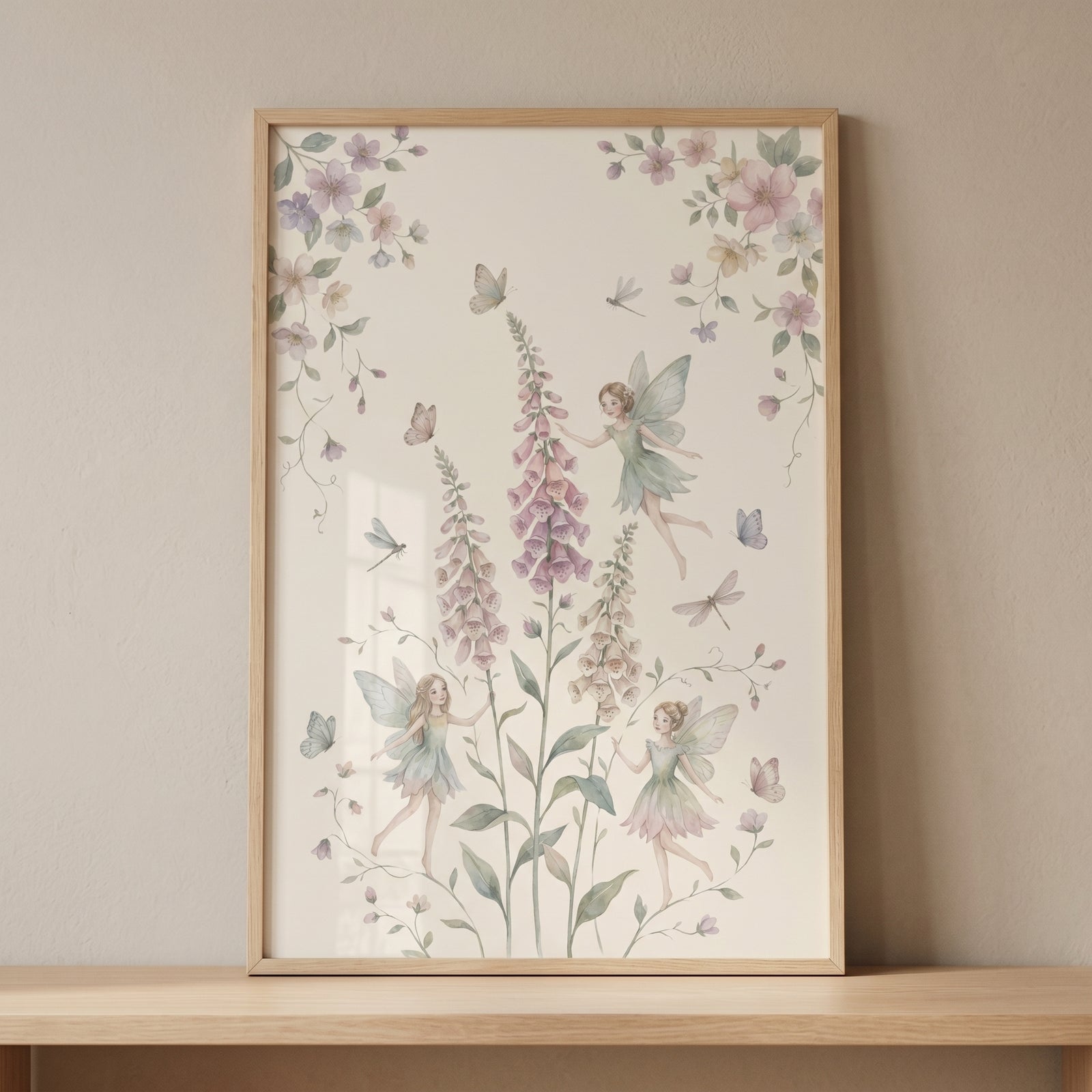 Framed pastel watercolor foxglove fairies wall art with winged figures, tall purple flowers, and butterflies.