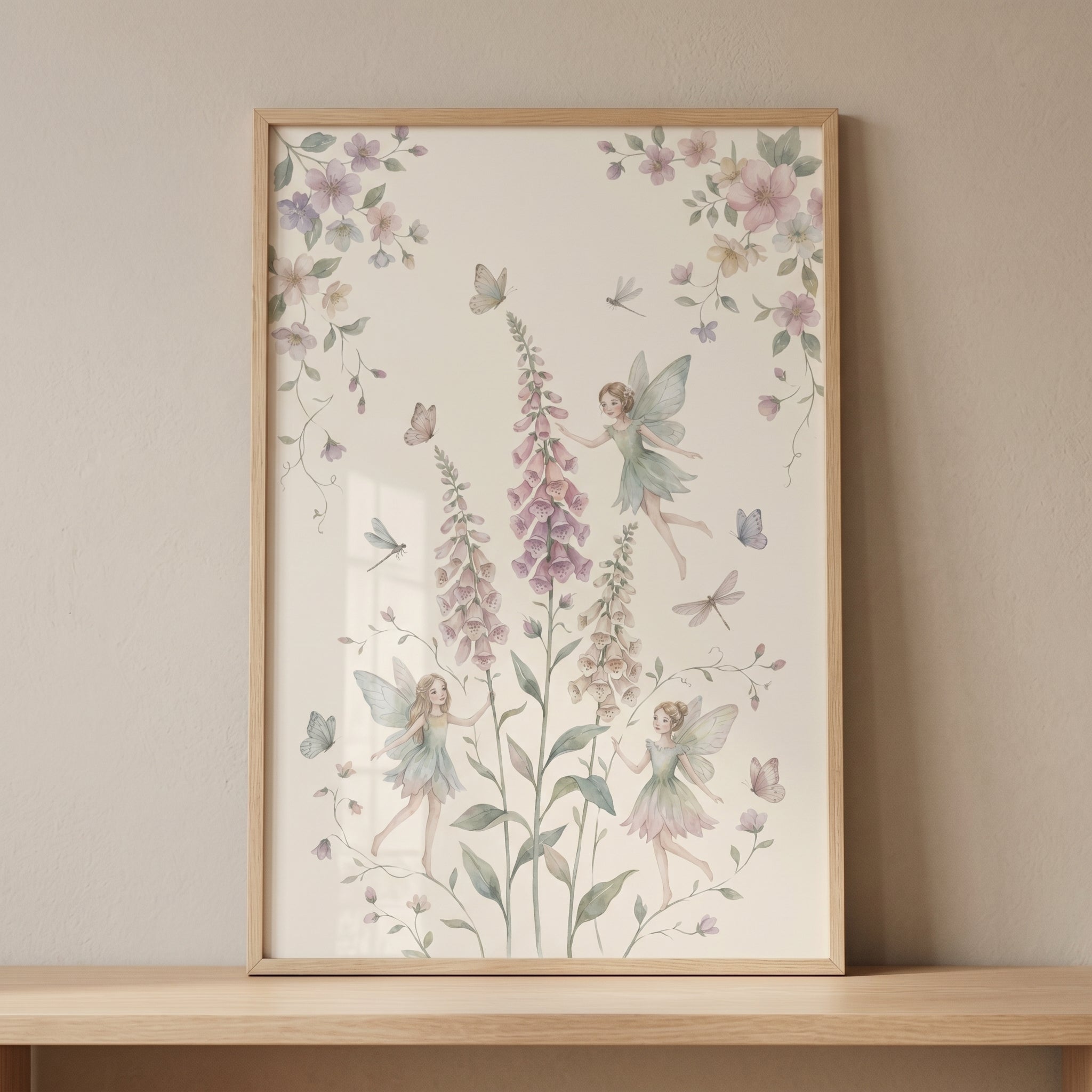 Pastel Watercolor Foxglove Fairies Wall Art - Whimsical Floral Fairies