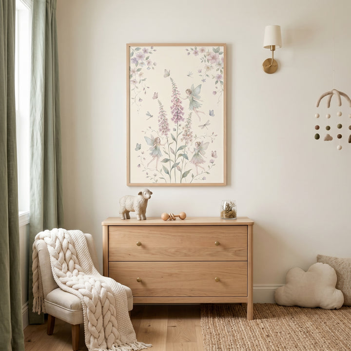 Pastel watercolor foxglove fairies wall art hangs above a wooden dresser in a nursery with a chunky knit throw.