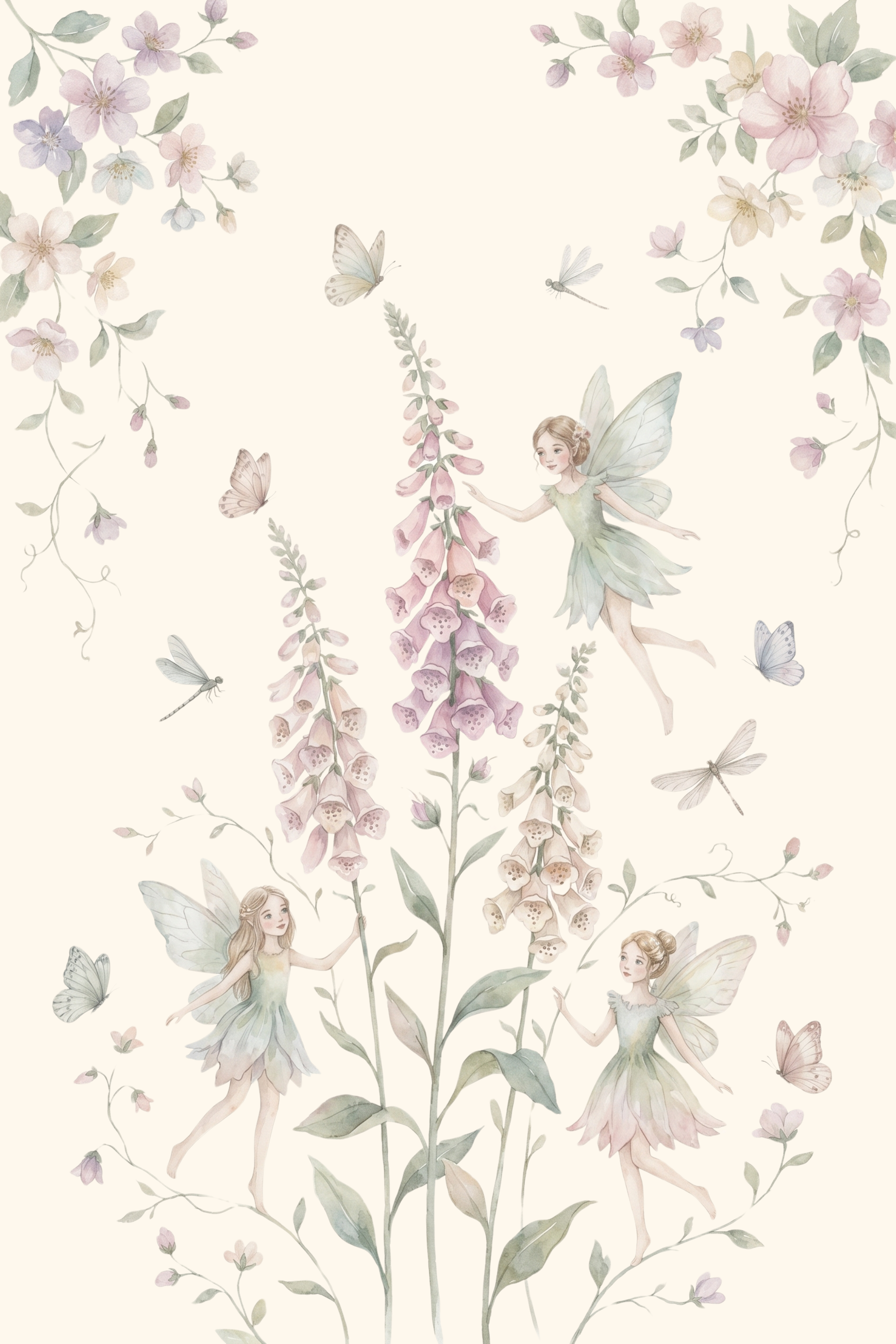 Pastel Watercolor Foxglove Fairies Wall Art - Whimsical Floral Fairies