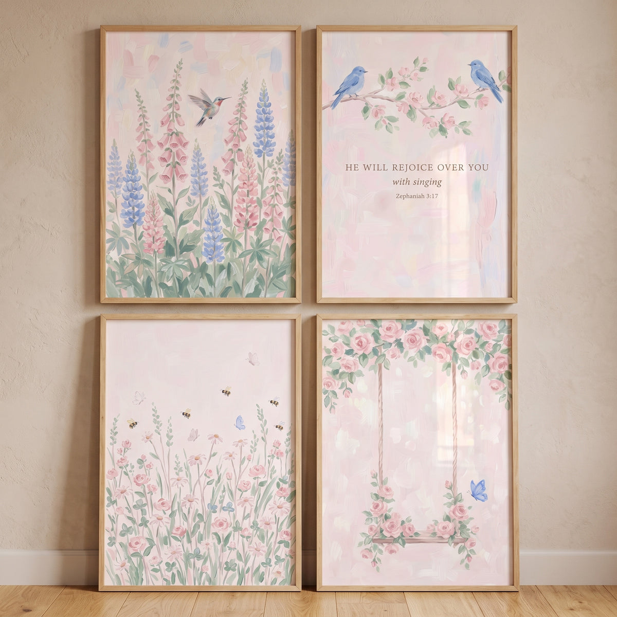 Pastel Watercolor Garden Wall Art Set Of 4 - Soft Blossom Song