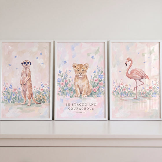 Pastel watercolor savanna animals artwork set of 3 shows a meerkat, a lion cub with a bible verse, and a flamingo.
