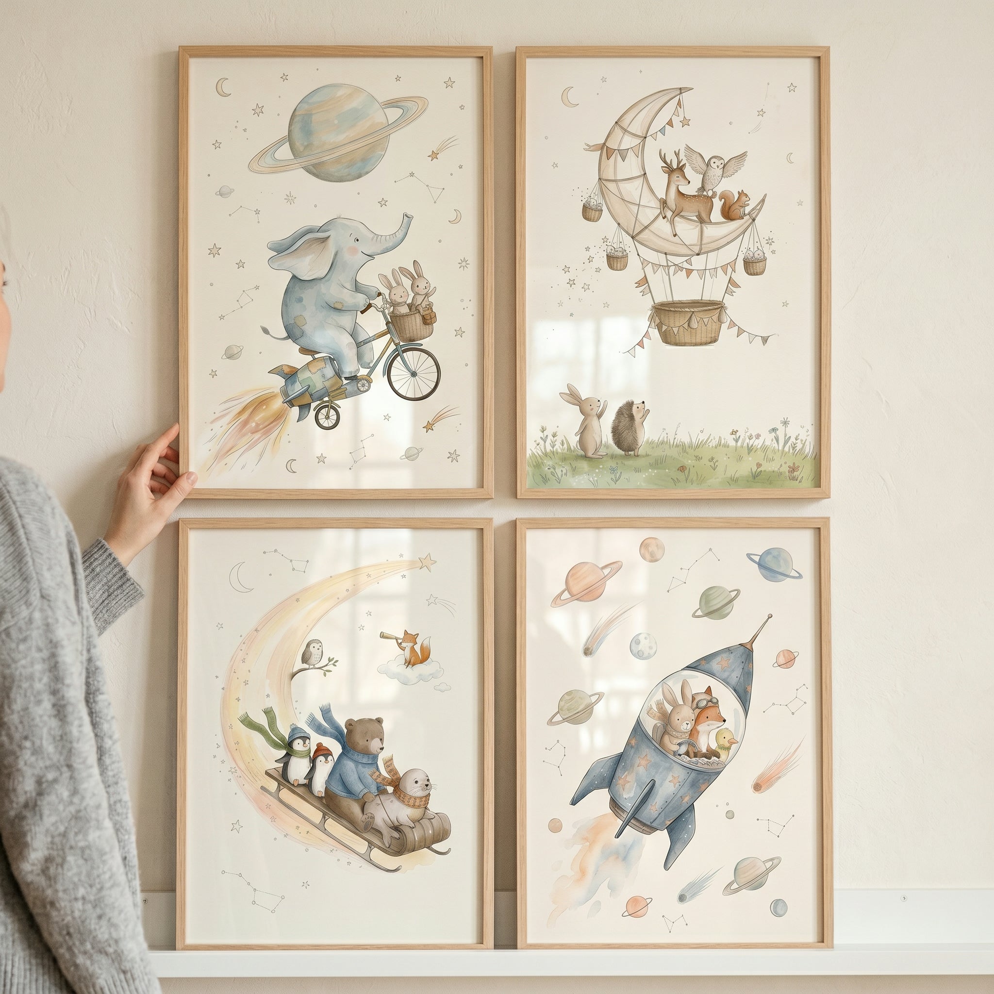 Pastel Watercolor Space Animals Wall Art Set of 4 - Nursery Galaxy Dreams