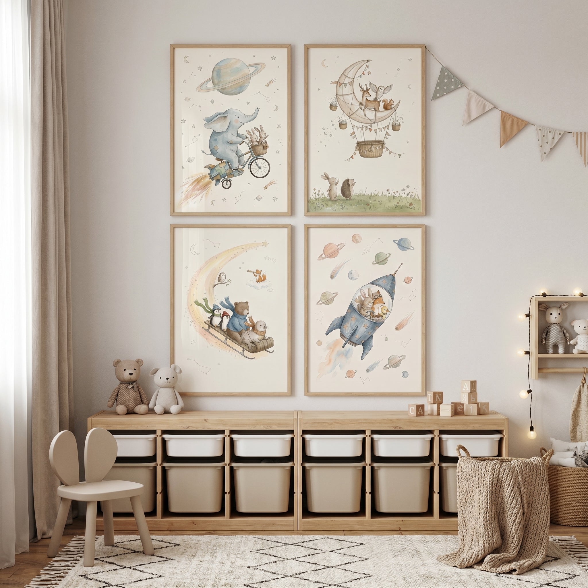 Pastel Watercolor Space Animals Wall Art Set of 4 - Nursery Galaxy Dreams
