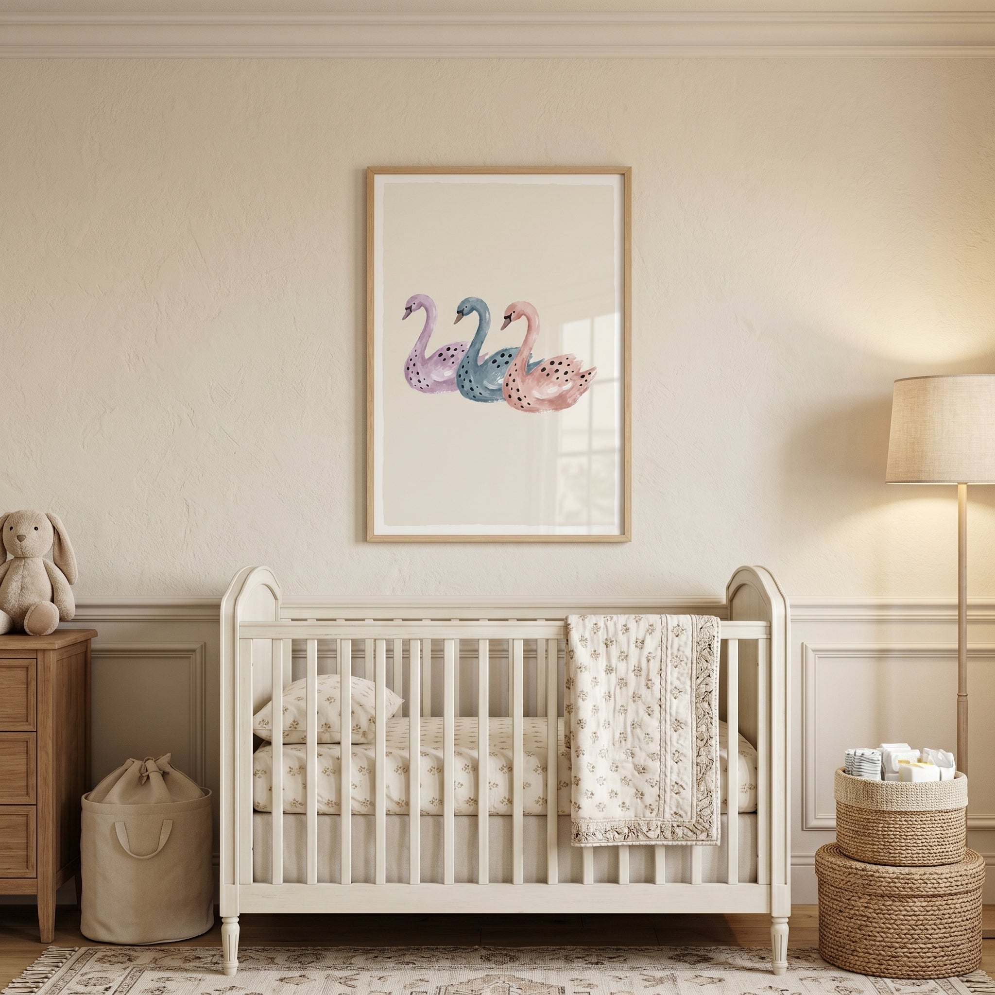 Pastel Watercolor Spotted Swan Wall Art - Three Spotted Swans