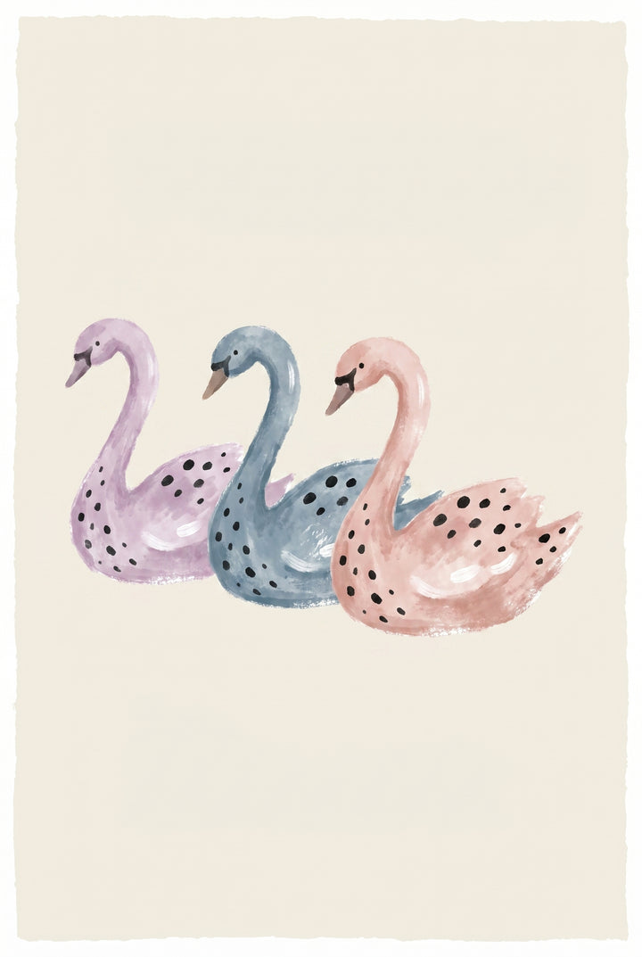 Lilac, blue, and pink pastel watercolor spotted swan wall art featuring three birds against a cream background.