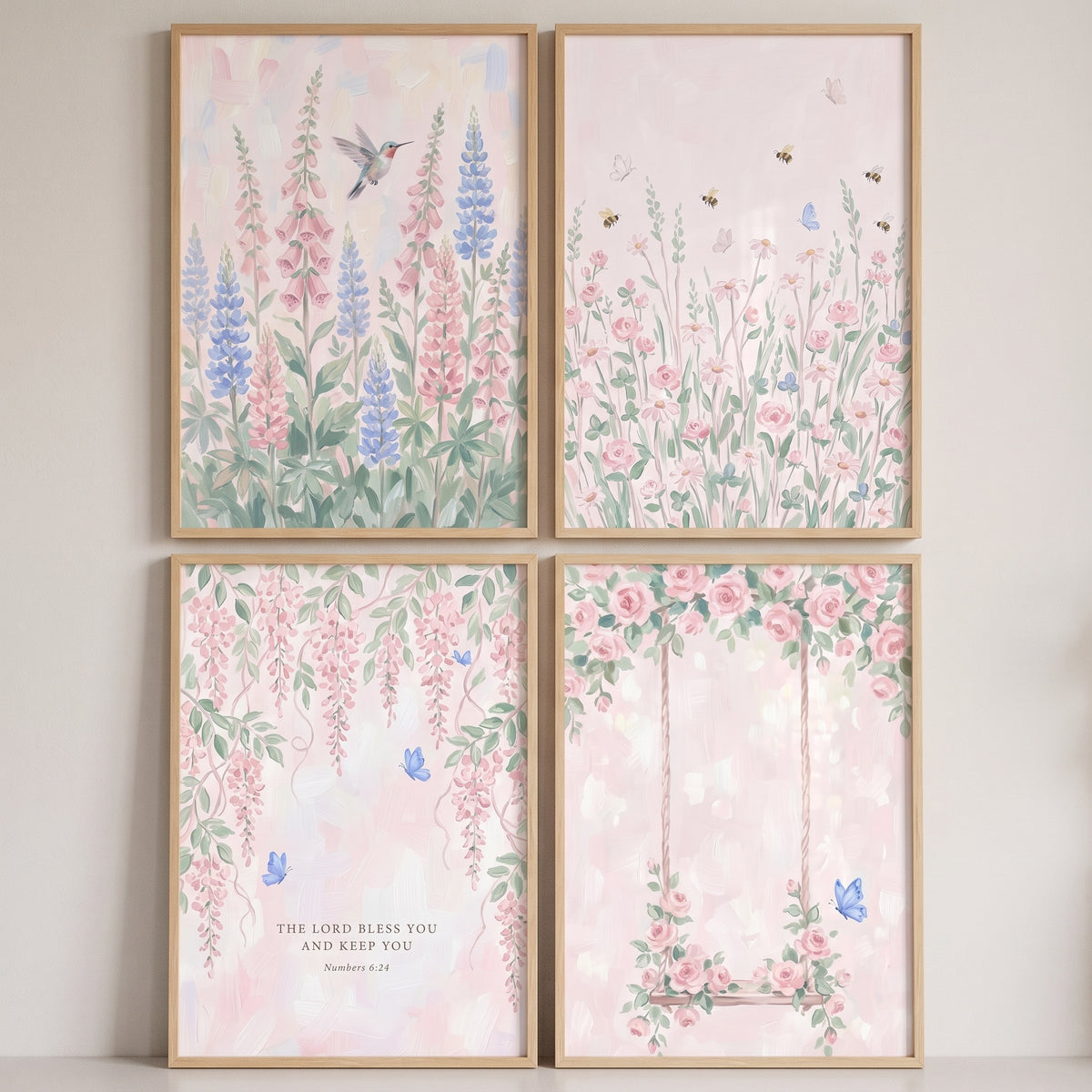 Pastel Watercolor Summer Garden Wall Art Set of 4 - Soft Meadow Blessing