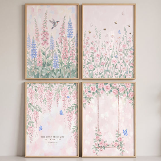 Pastel watercolor summer garden wall art set of 4 with a hummingbird, bees, butterflies, a swing, and a scripture verse.