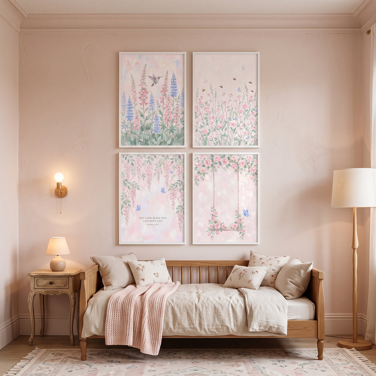 Pastel Watercolor Summer Garden Wall Art Set of 4 - Soft Meadow Blessing