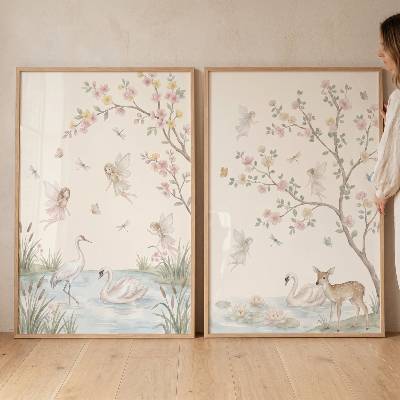 Fairies, swans, and a deer feature in this wood-framed pastel watercolor swan fairies print set of 2.