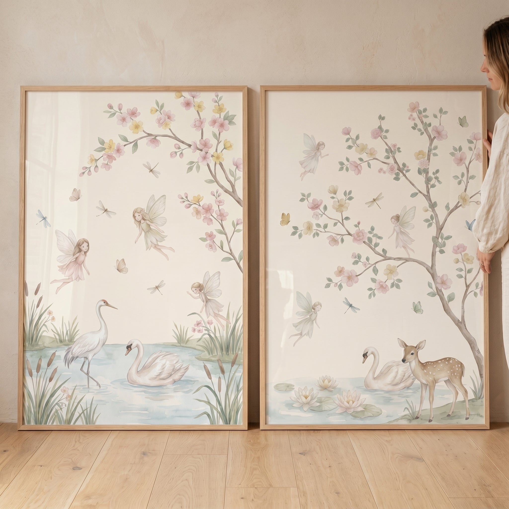 Pastel Watercolor Swan Fairies Print Set of 2 - Enchanted Fairy Pond