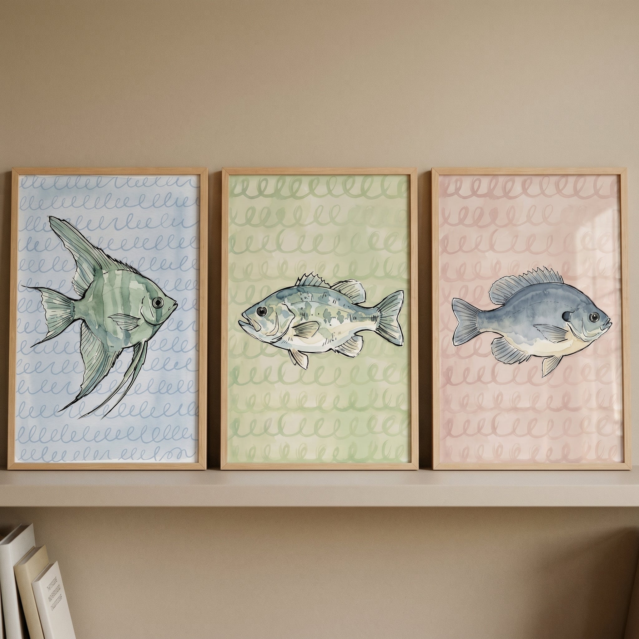 Pastel Watercolor Swirl Fish Wall Art Set of 3 - Watercolor Fish Trio